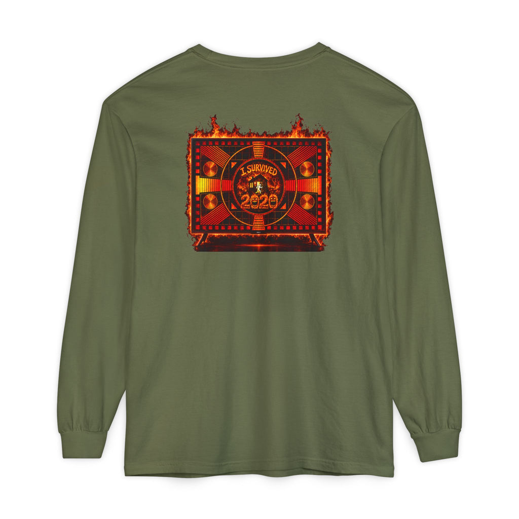 I Survived 2020 — "Please Stand By" Test Pattern Tee Wildfire Signal Edition Summer Premiere Unisex Garment-Dyed Long Sleeve T-Shirt