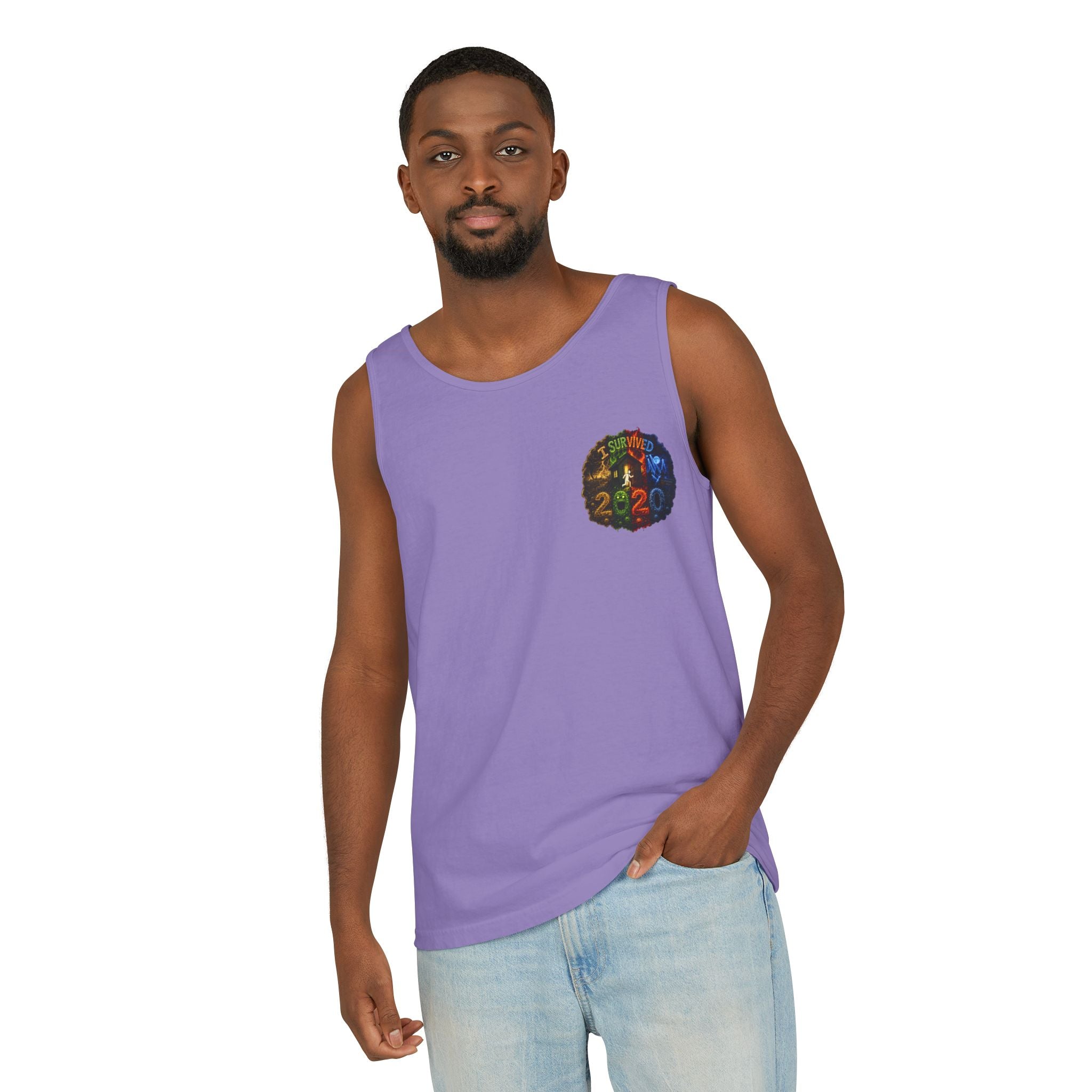 I Survived 2020 — "No Signal" Test Pattern Tee Alien Broadcast Finale Summer Premiere Unisex Garment-Dyed Tank Top