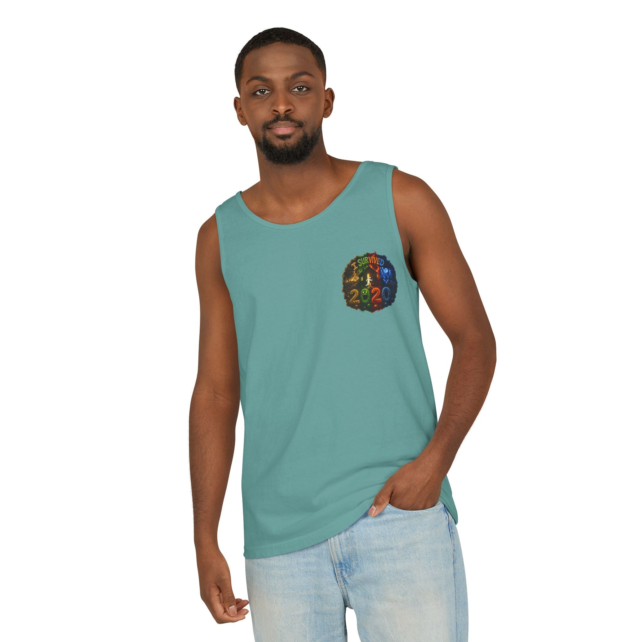 I Survived 2020 — "No Signal" Test Pattern Tee Alien Broadcast Finale Summer Premiere Unisex Garment-Dyed Tank Top