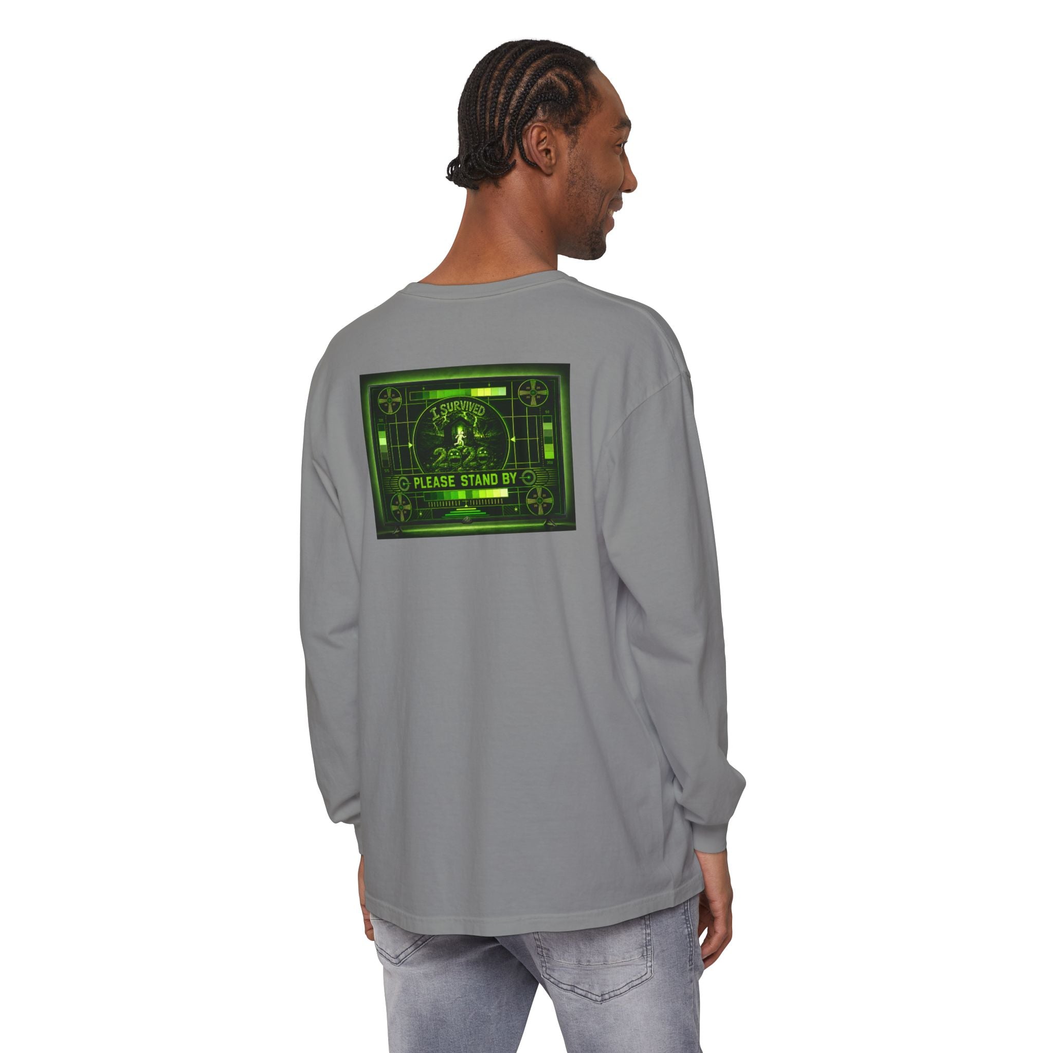I Survived 2020 — "Please Stand By" Test Pattern Toxic Signal Tee Summer Premiere Unisex Garment-Dyed Long Sleeve T-Shirt