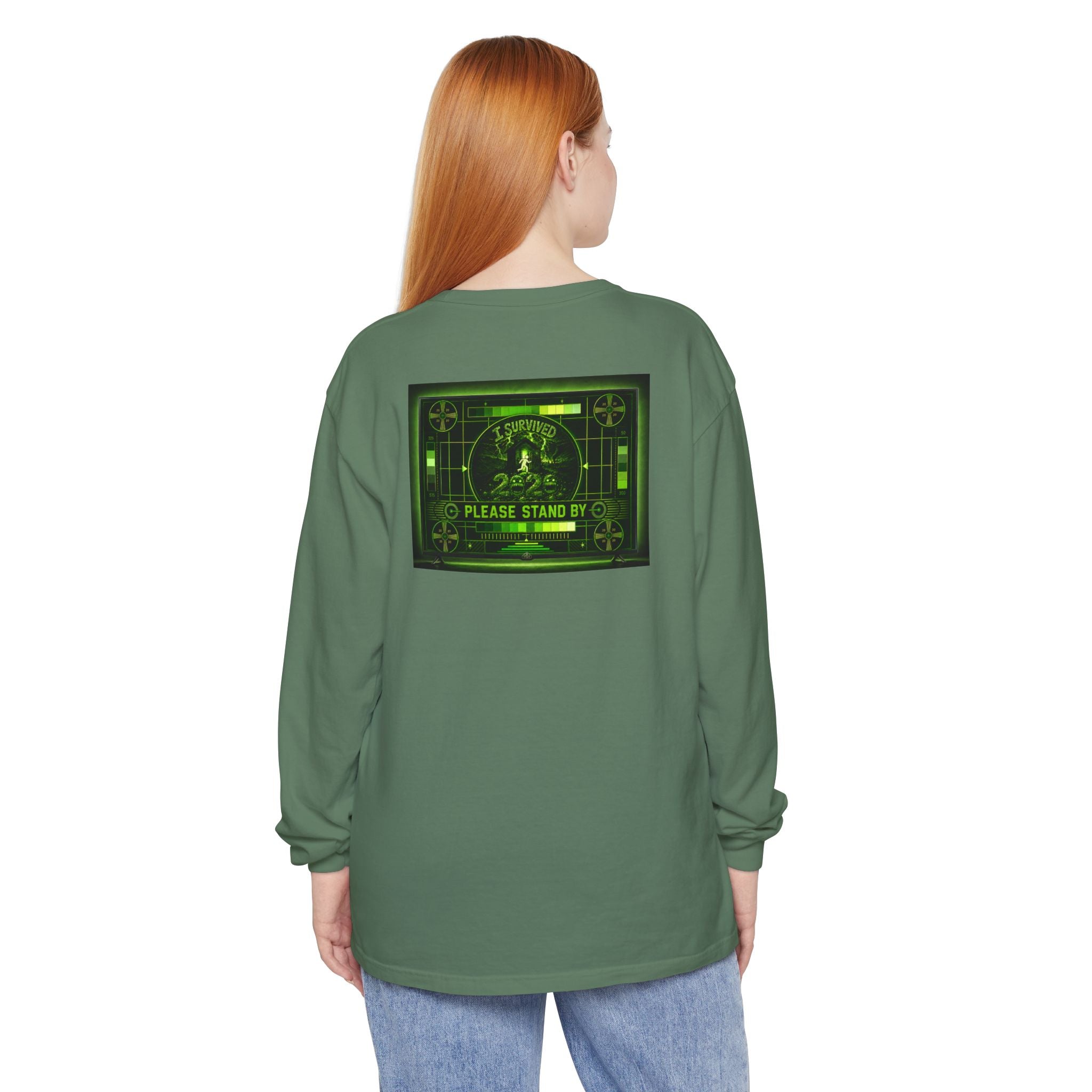 I Survived 2020 — "Please Stand By" Test Pattern Toxic Signal Tee Summer Premiere Unisex Garment-Dyed Long Sleeve T-Shirt