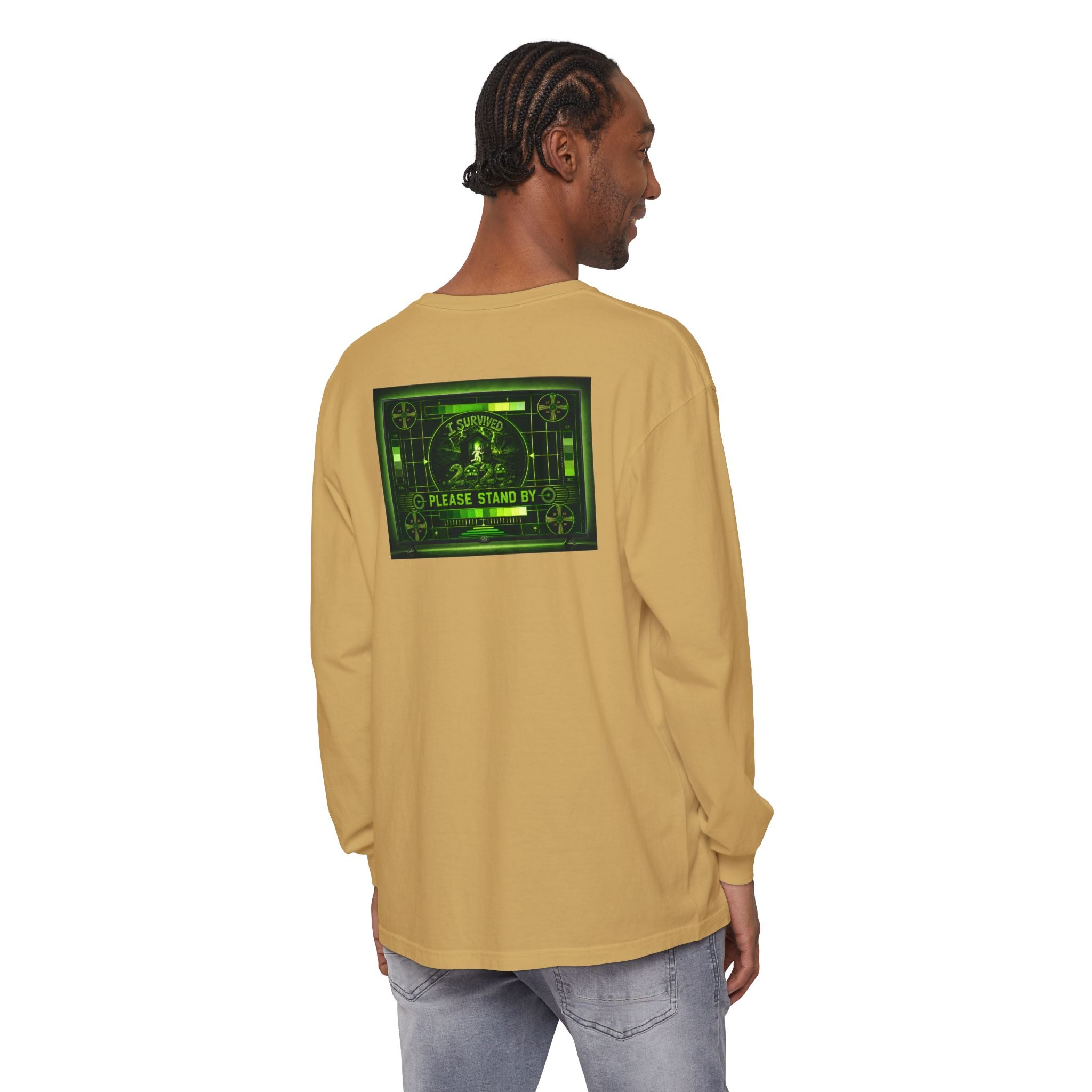 I Survived 2020 — "Please Stand By" Test Pattern Toxic Signal Tee Summer Premiere Unisex Garment-Dyed Long Sleeve T-Shirt