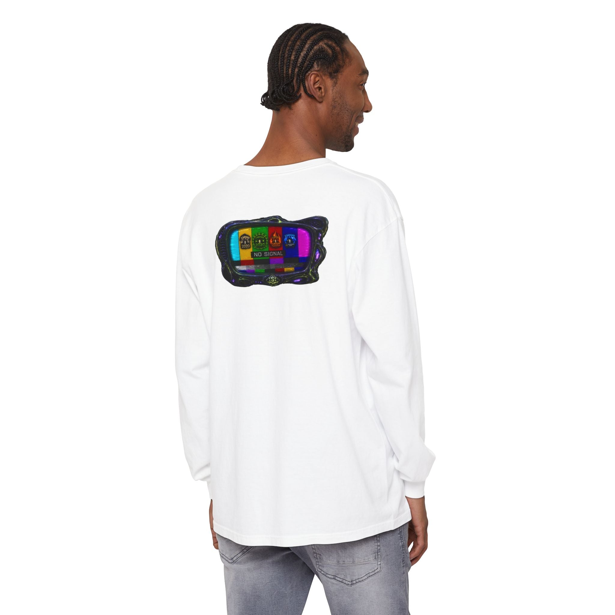 I Survived 2020 — "No Signal" Test Pattern Tee Alien Broadcast Finale Summer Premiere Garment-Dyed Long Sleeve T-Shirt