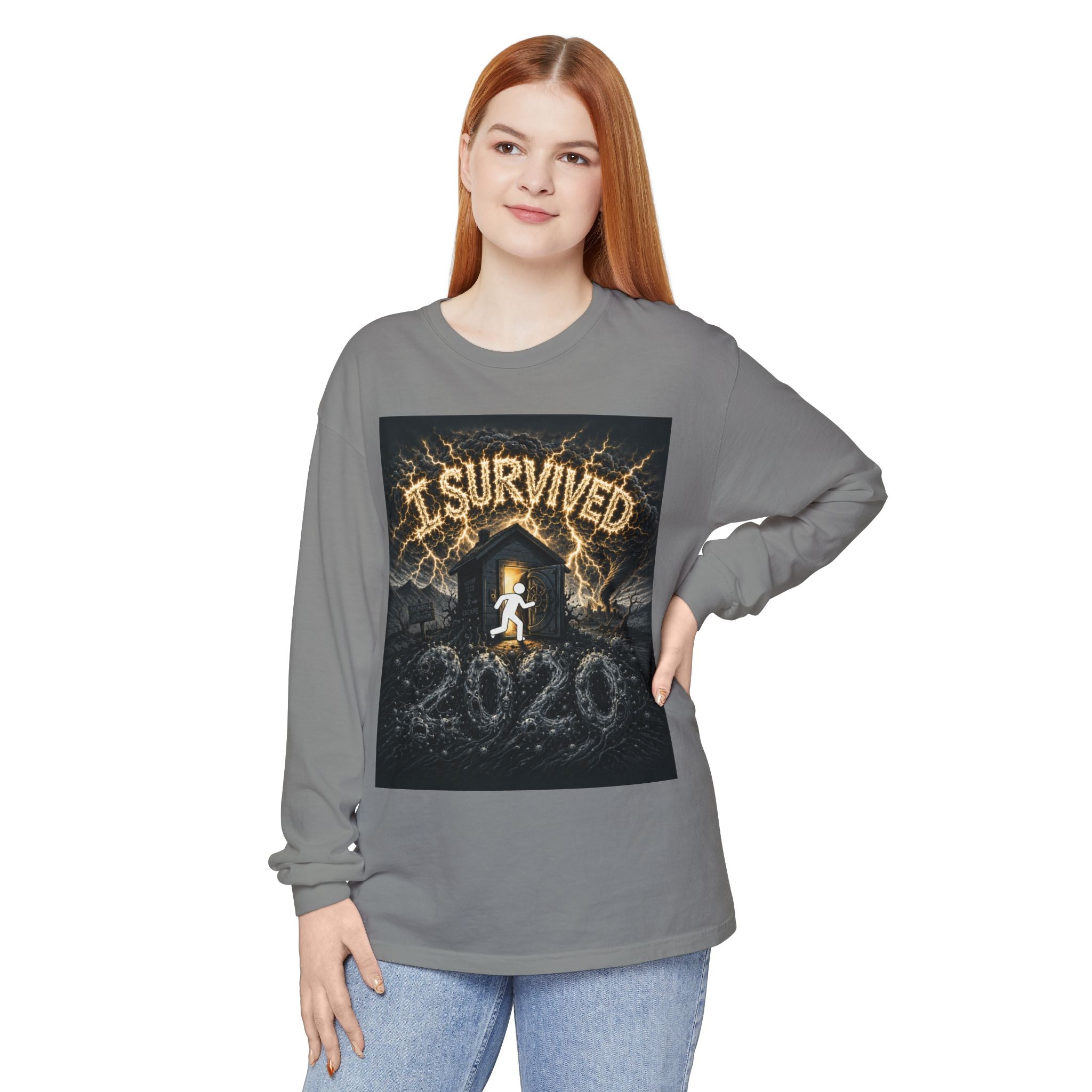 I Survived 2020 — Original Design Teaser Tee | Season 1 Premiere Drop Unisex Garment-dyed Long Sleeve T-Shirt