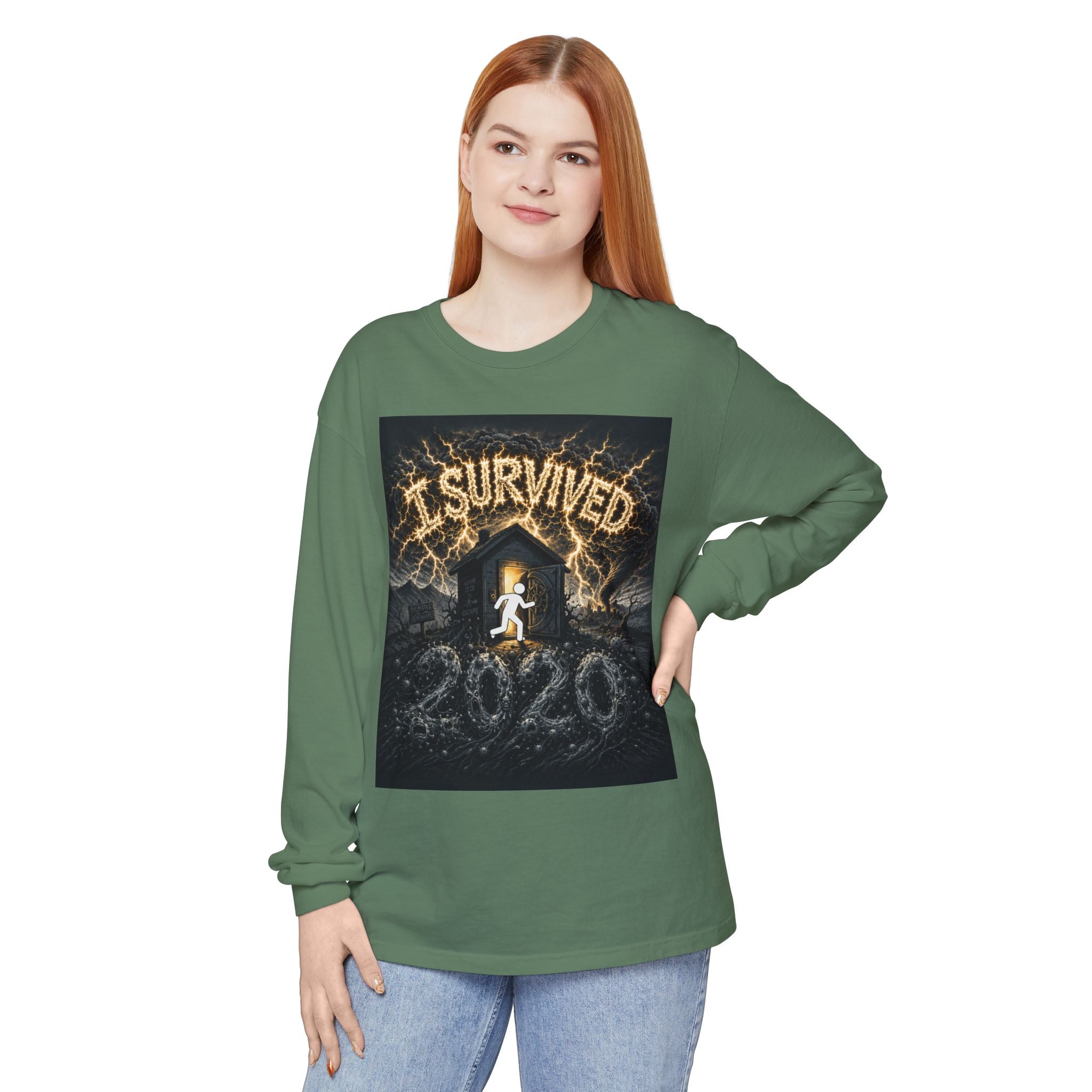 I Survived 2020 — Original Design Teaser Tee | Season 1 Premiere Drop Unisex Garment-dyed Long Sleeve T-Shirt