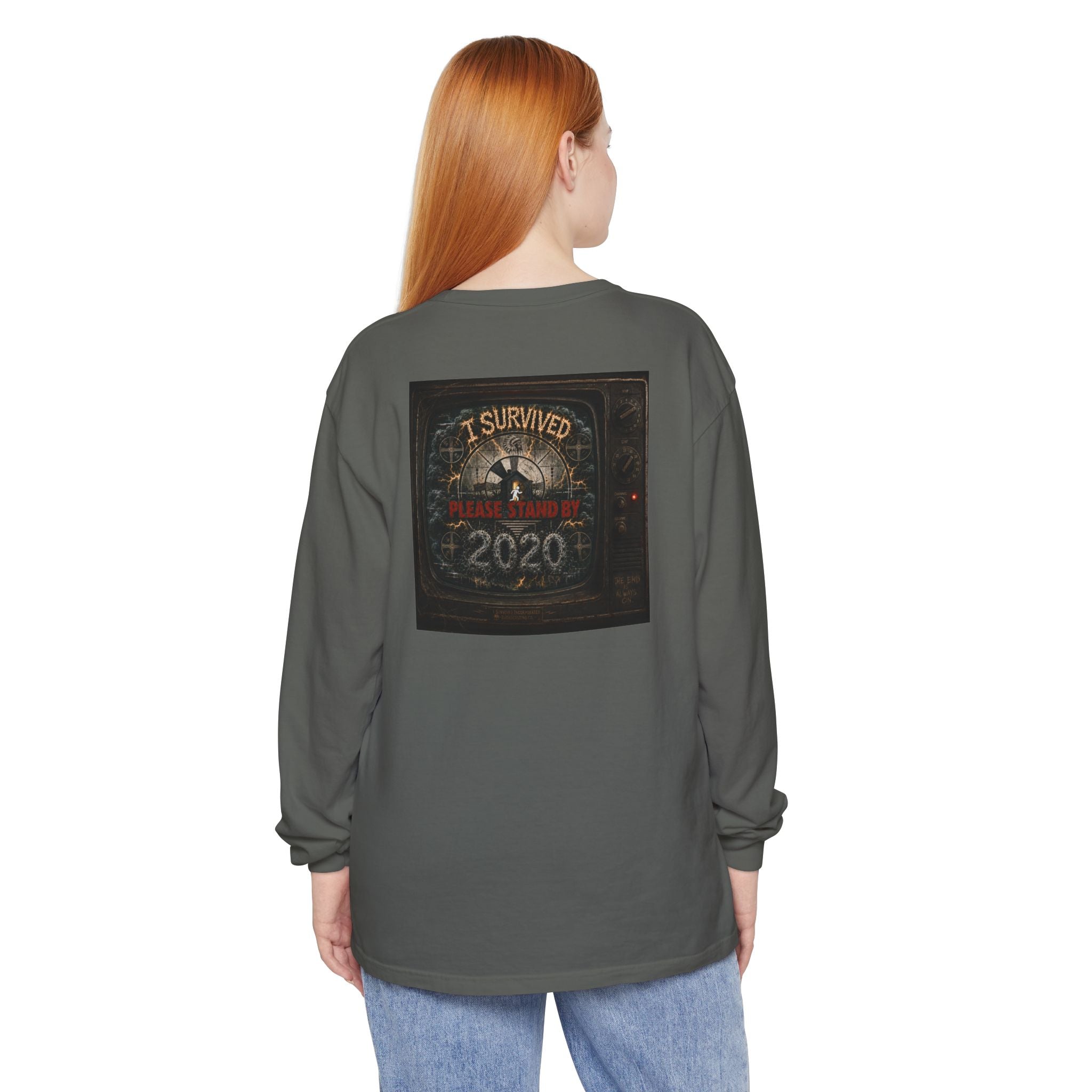 I Survived 2020 — "Please Stand By" Test Pattern Tee Summer Premier Unisex Garment-Dyed Long Sleeve T-Shirt