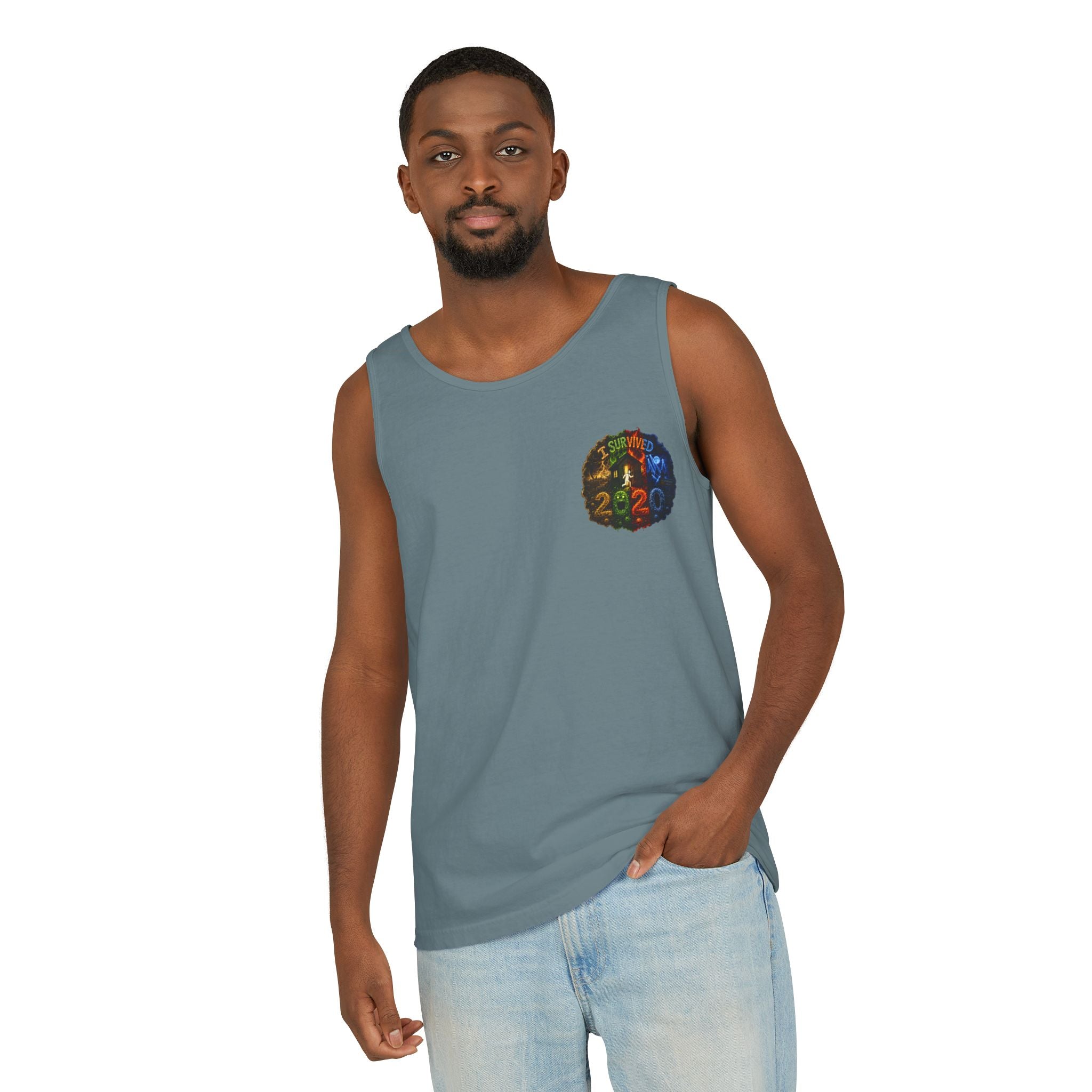 I Survived 2020 — "No Signal" Test Pattern Tee Alien Broadcast Finale Summer Premiere Unisex Garment-Dyed Tank Top