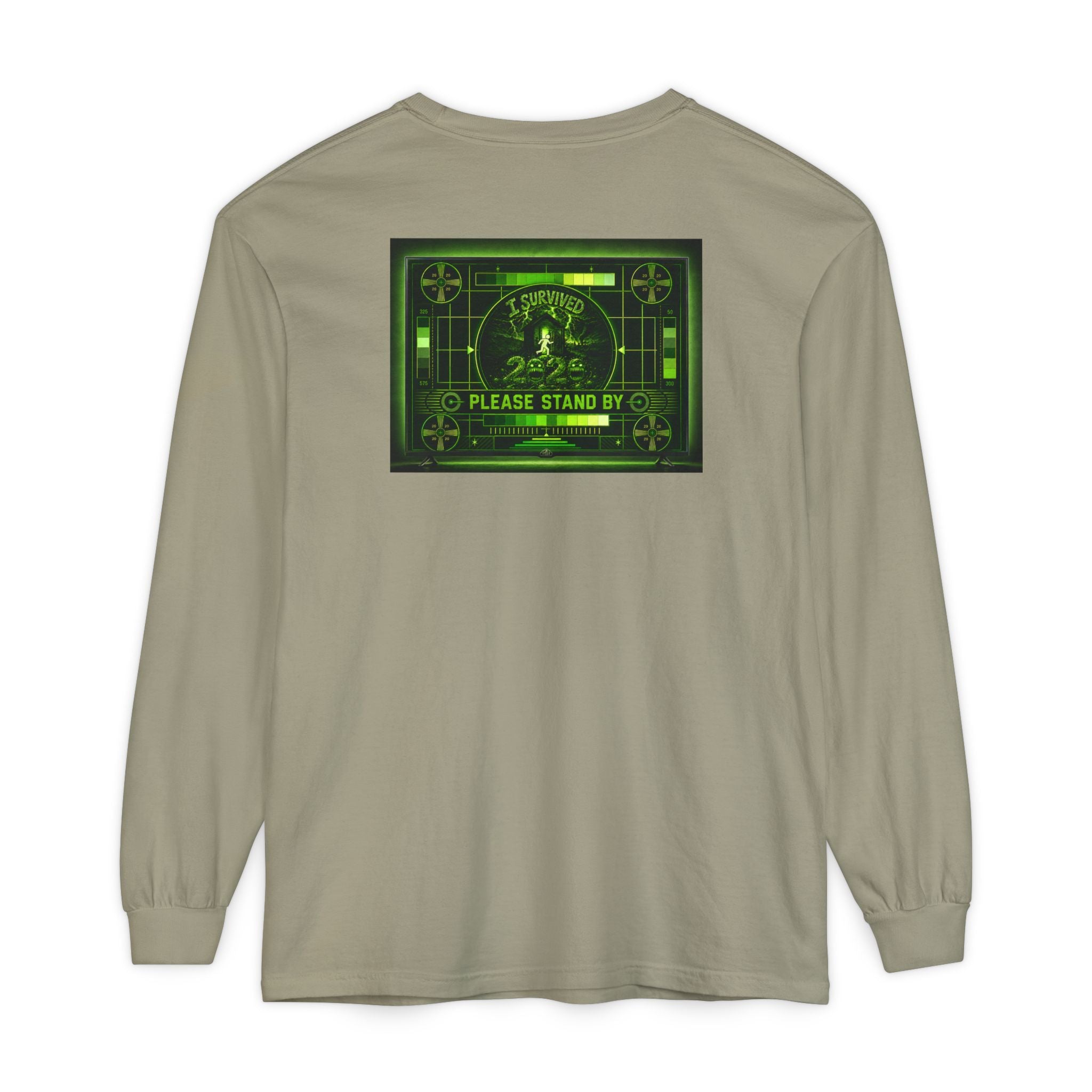 I Survived 2020 — "Please Stand By" Test Pattern Toxic Signal Tee Summer Premiere Unisex Garment-Dyed Long Sleeve T-Shirt