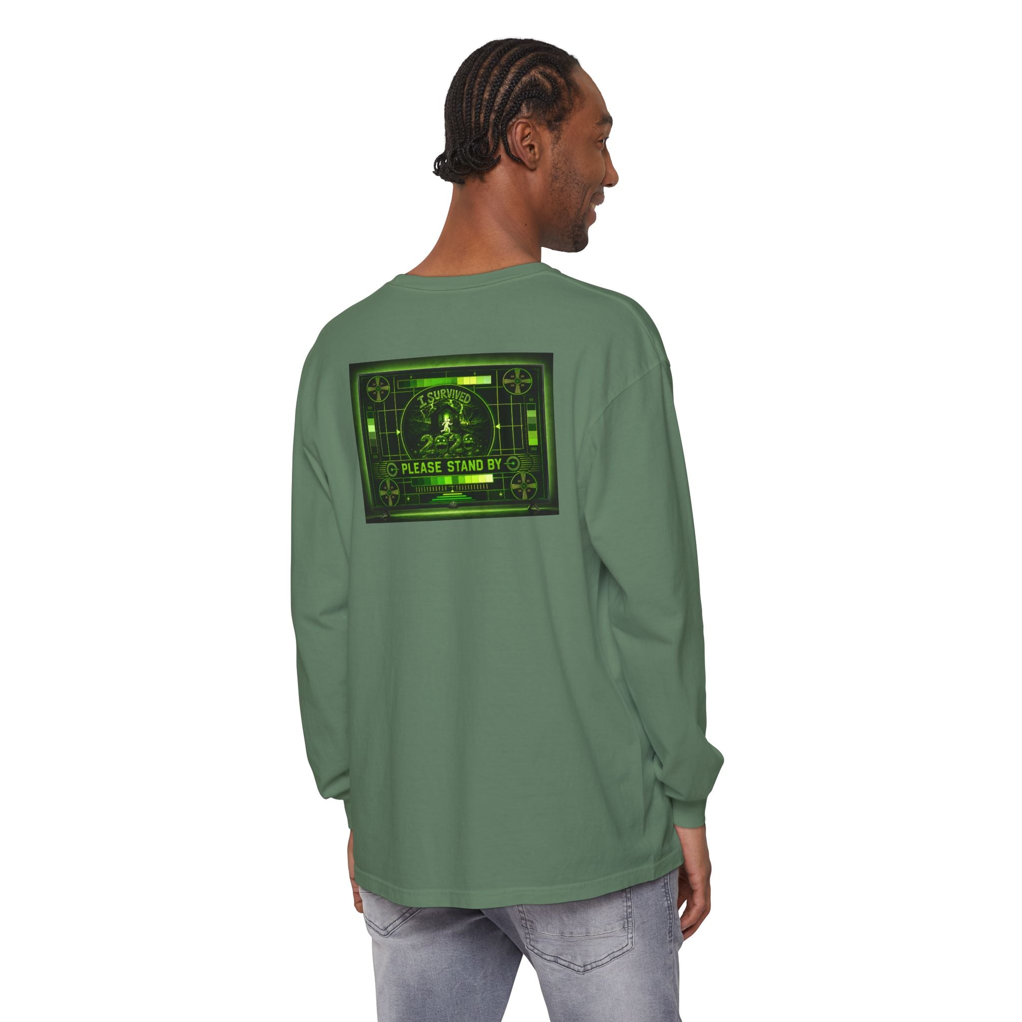 I Survived 2020 — "Please Stand By" Test Pattern Toxic Signal Tee Summer Premiere Unisex Garment-Dyed Long Sleeve T-Shirt