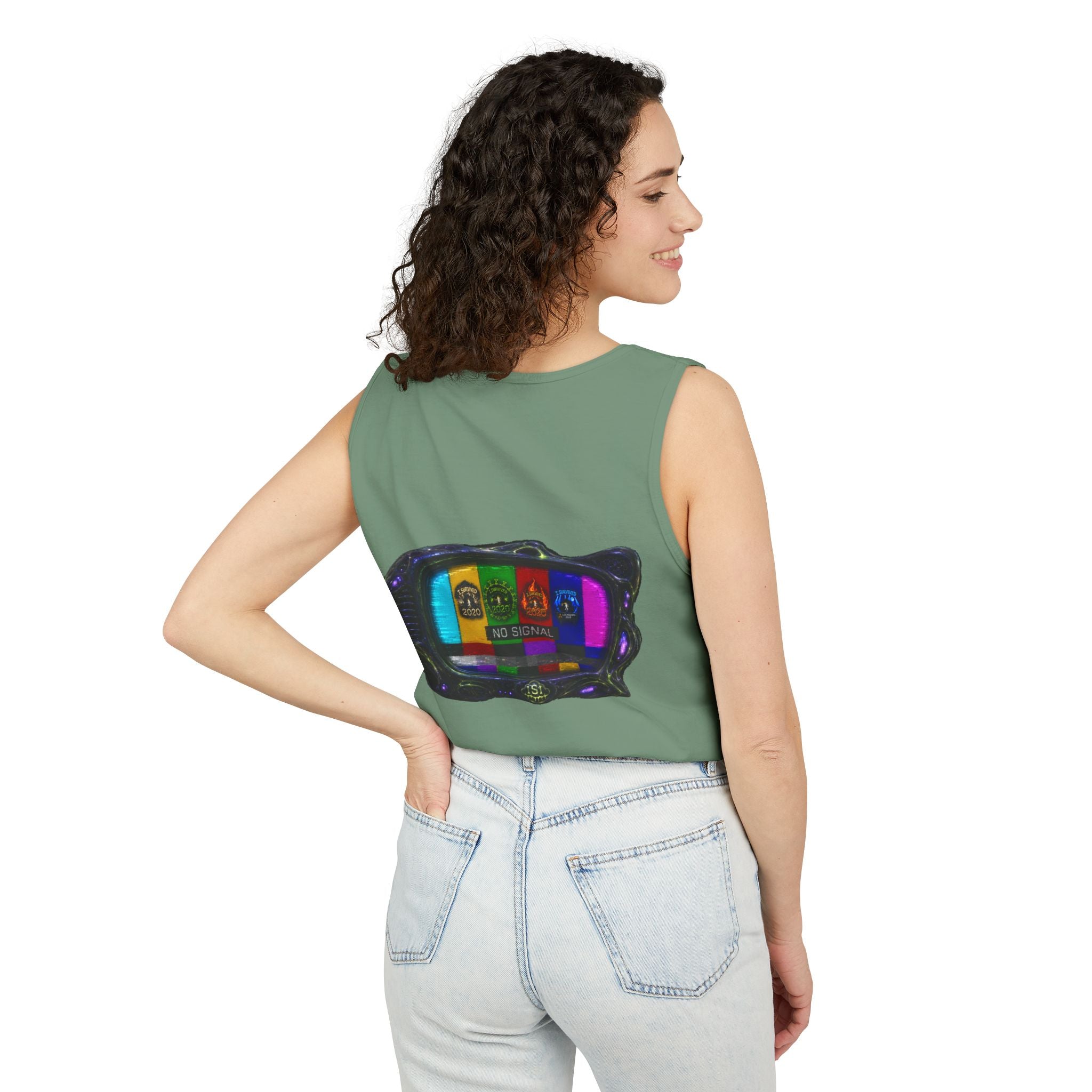 I Survived 2020 — "No Signal" Test Pattern Tee Alien Broadcast Finale Summer Premiere Unisex Garment-Dyed Tank Top