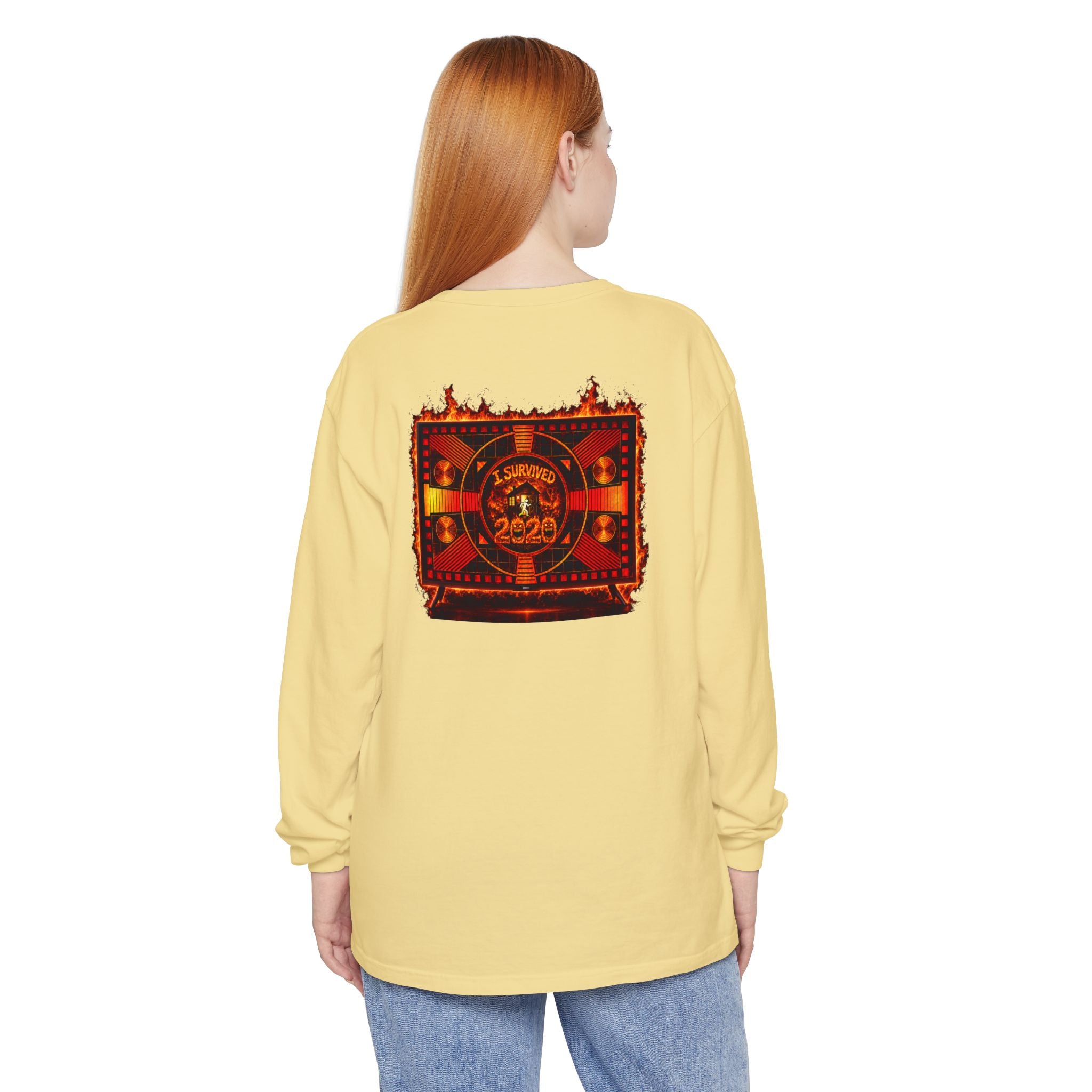 I Survived 2020 — "Please Stand By" Test Pattern Tee Wildfire Signal Edition Summer Premiere Unisex Garment-Dyed Long Sleeve T-Shirt