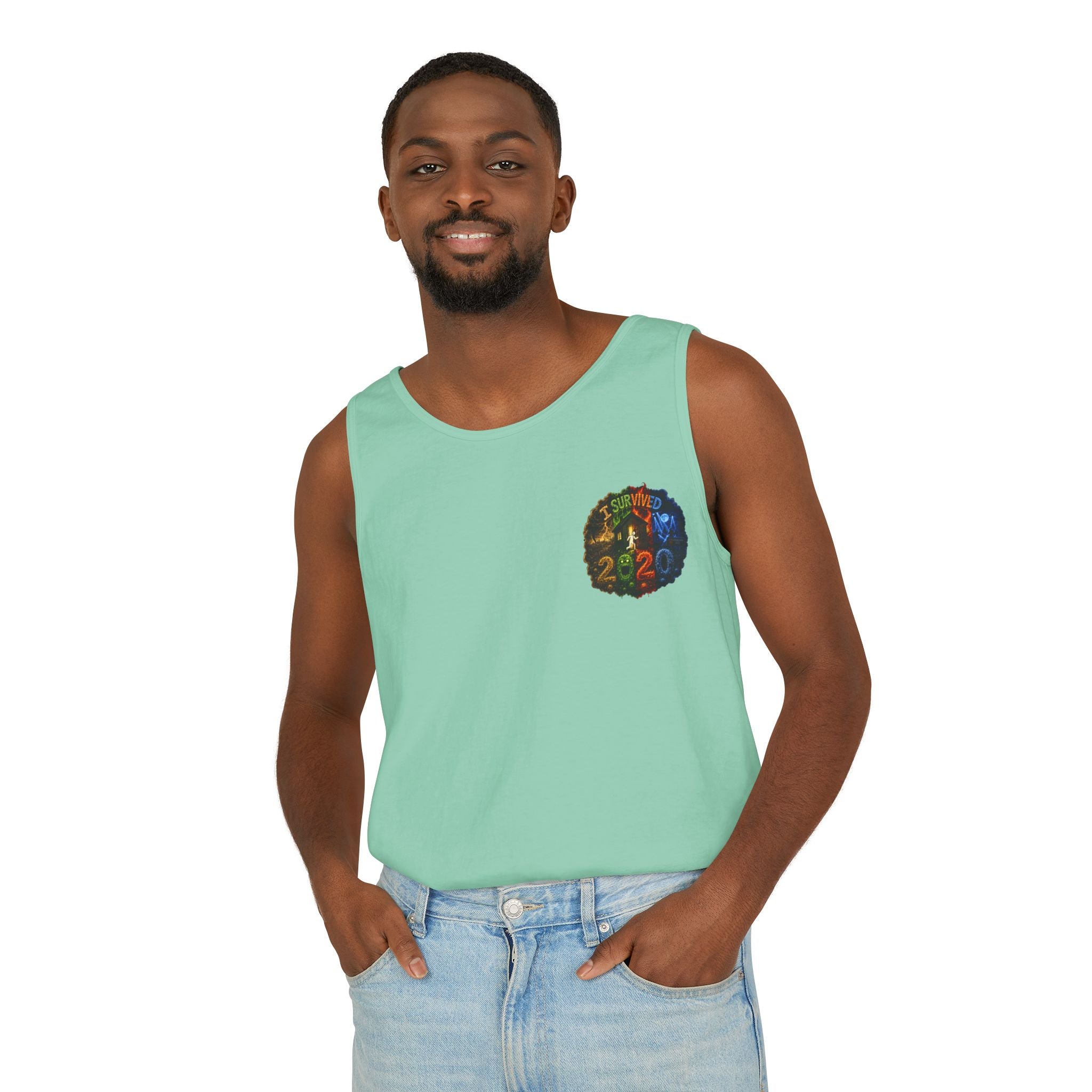 I Survived 2020 — "No Signal" Test Pattern Tee Alien Broadcast Finale Summer Premiere Unisex Garment-Dyed Tank Top