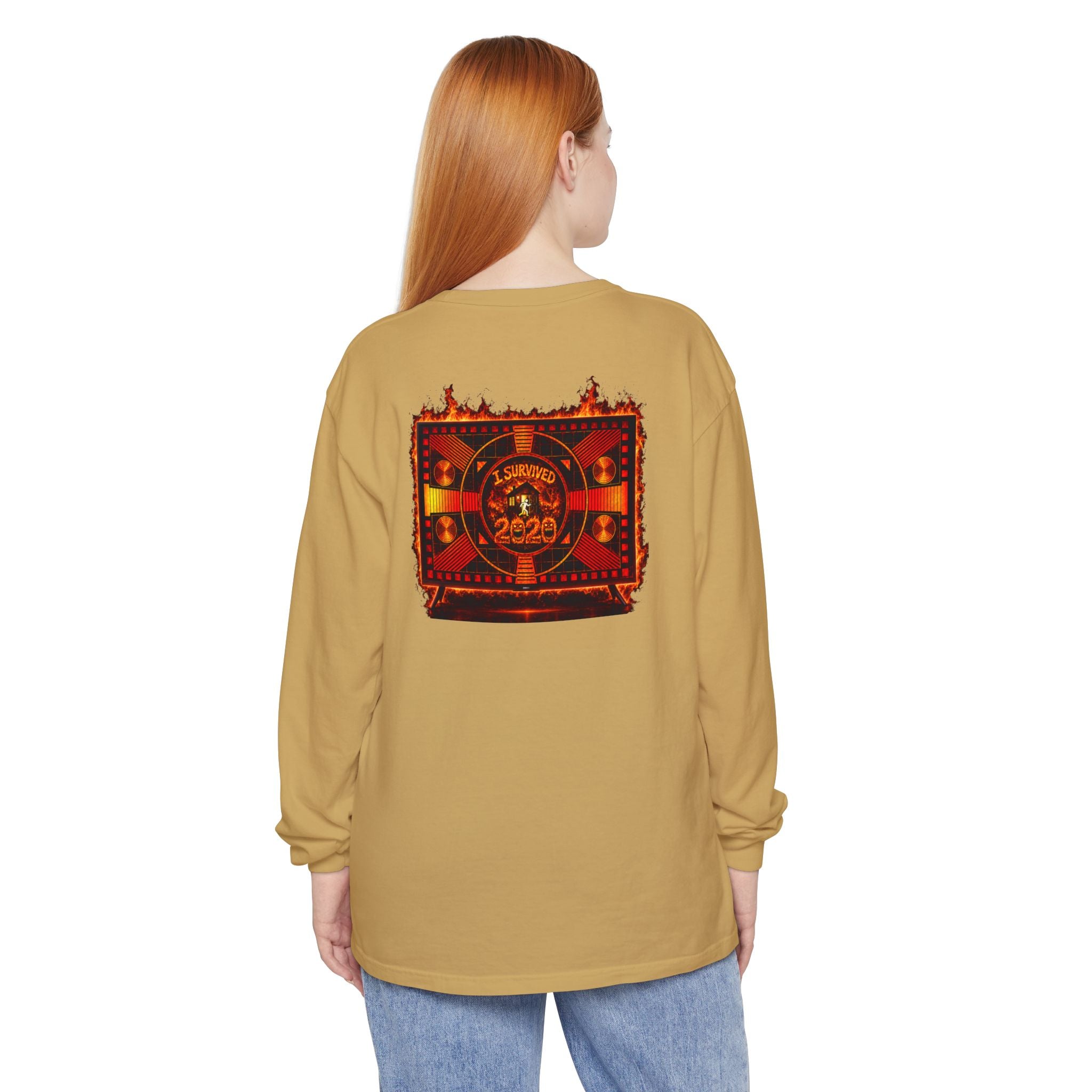 I Survived 2020 — "Please Stand By" Test Pattern Tee Wildfire Signal Edition Summer Premiere Unisex Garment-Dyed Long Sleeve T-Shirt