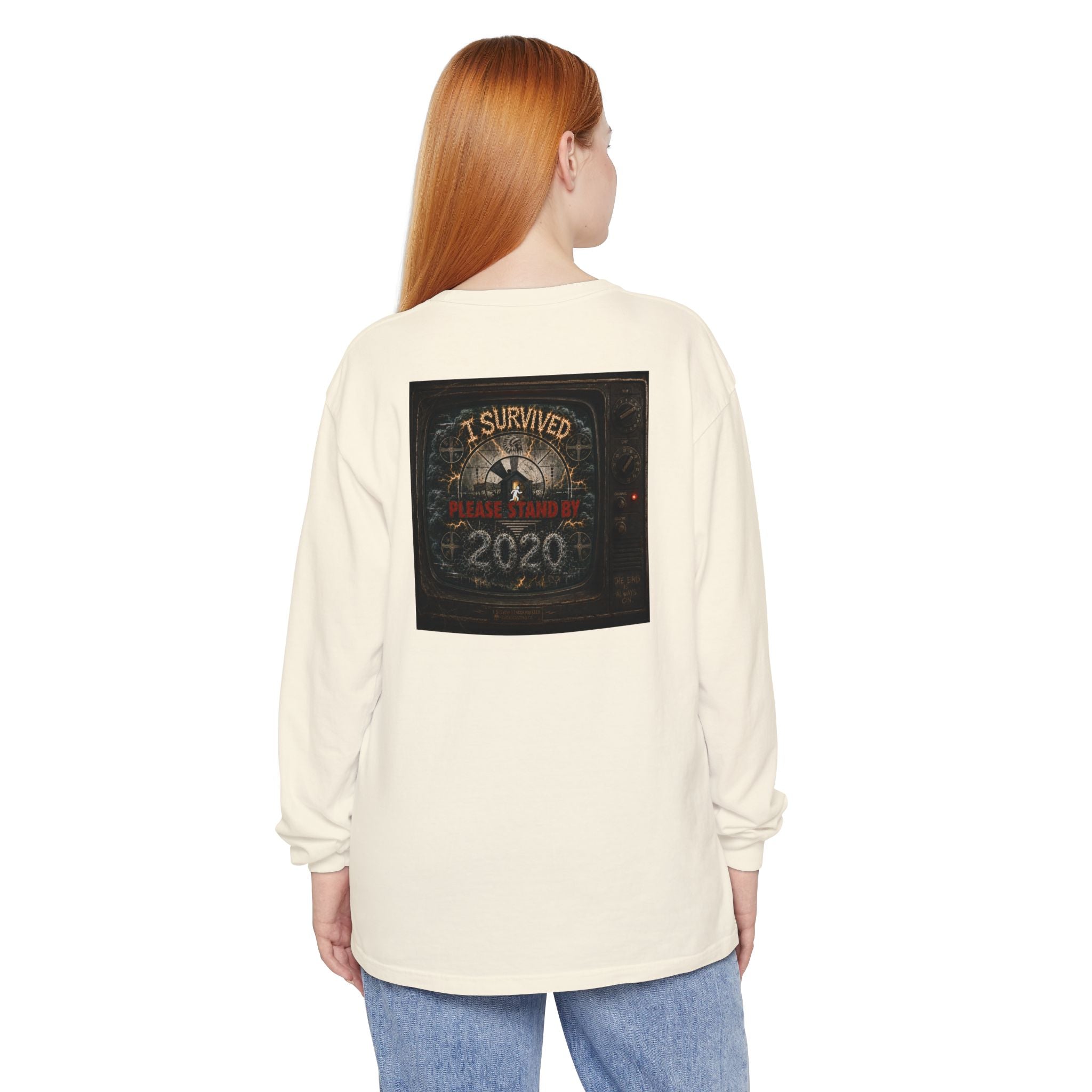 I Survived 2020 — "Please Stand By" Test Pattern Tee Summer Premier Unisex Garment-Dyed Long Sleeve T-Shirt