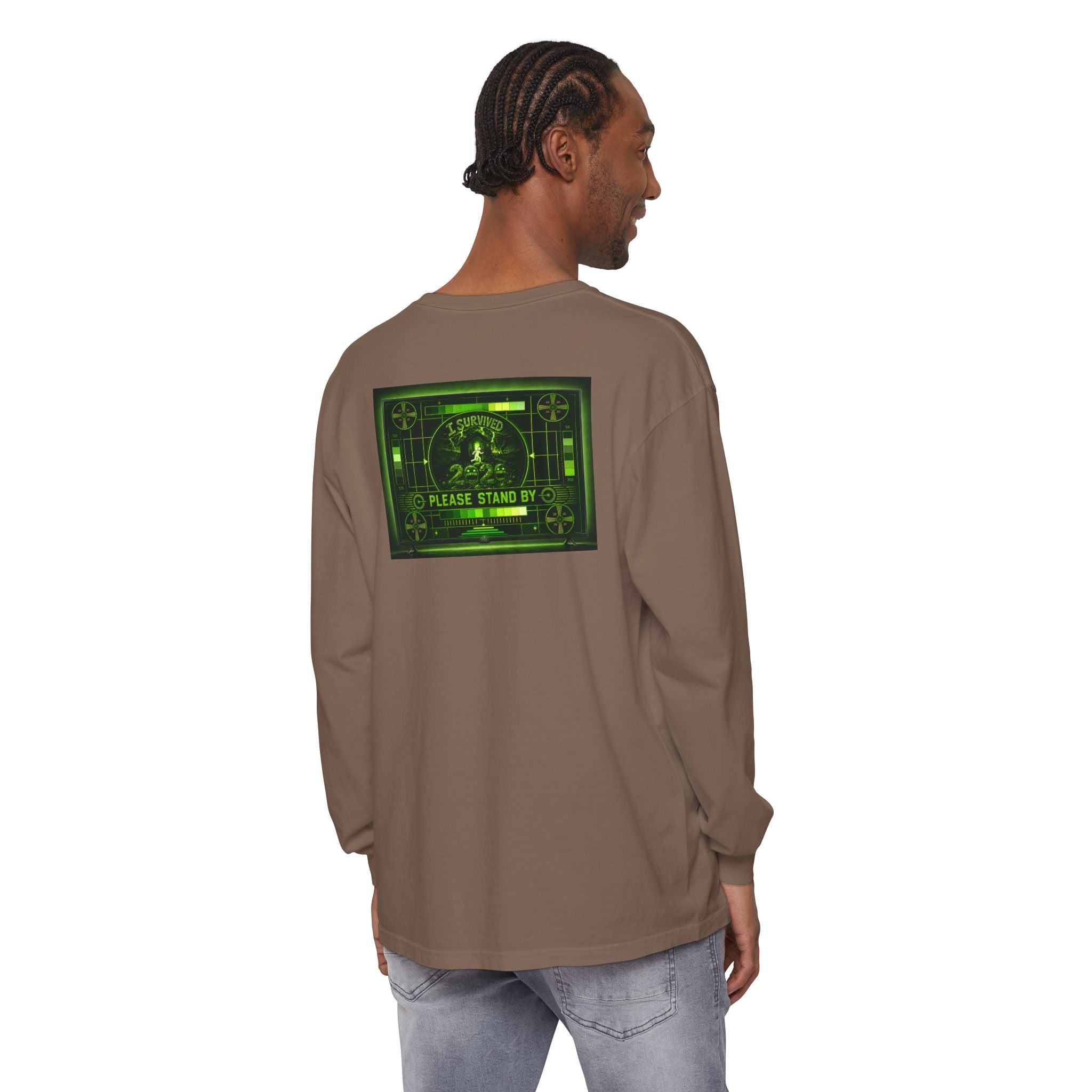 I Survived 2020 — "Please Stand By" Test Pattern Toxic Signal Tee Summer Premiere Unisex Garment-Dyed Long Sleeve T-Shirt