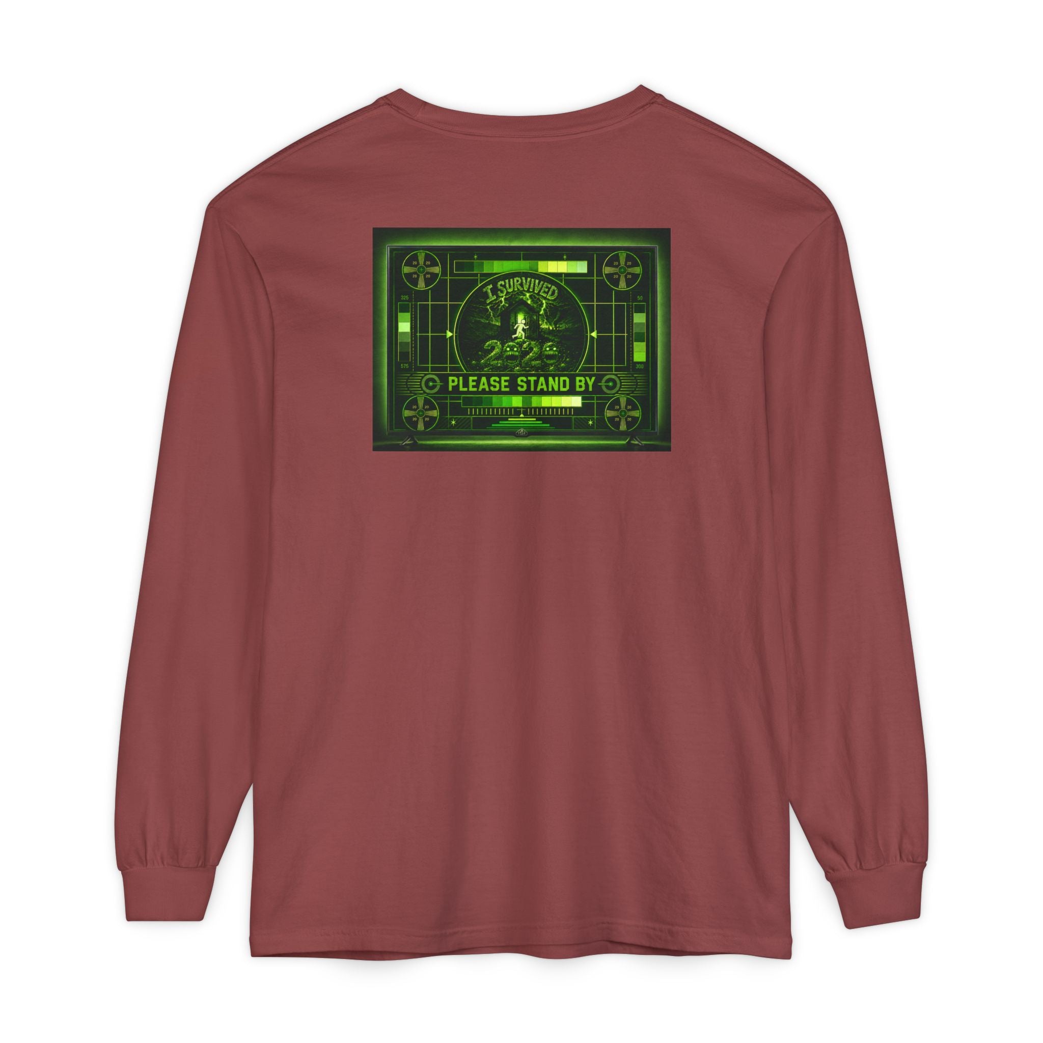 I Survived 2020 — "Please Stand By" Test Pattern Toxic Signal Tee Summer Premiere Unisex Garment-Dyed Long Sleeve T-Shirt