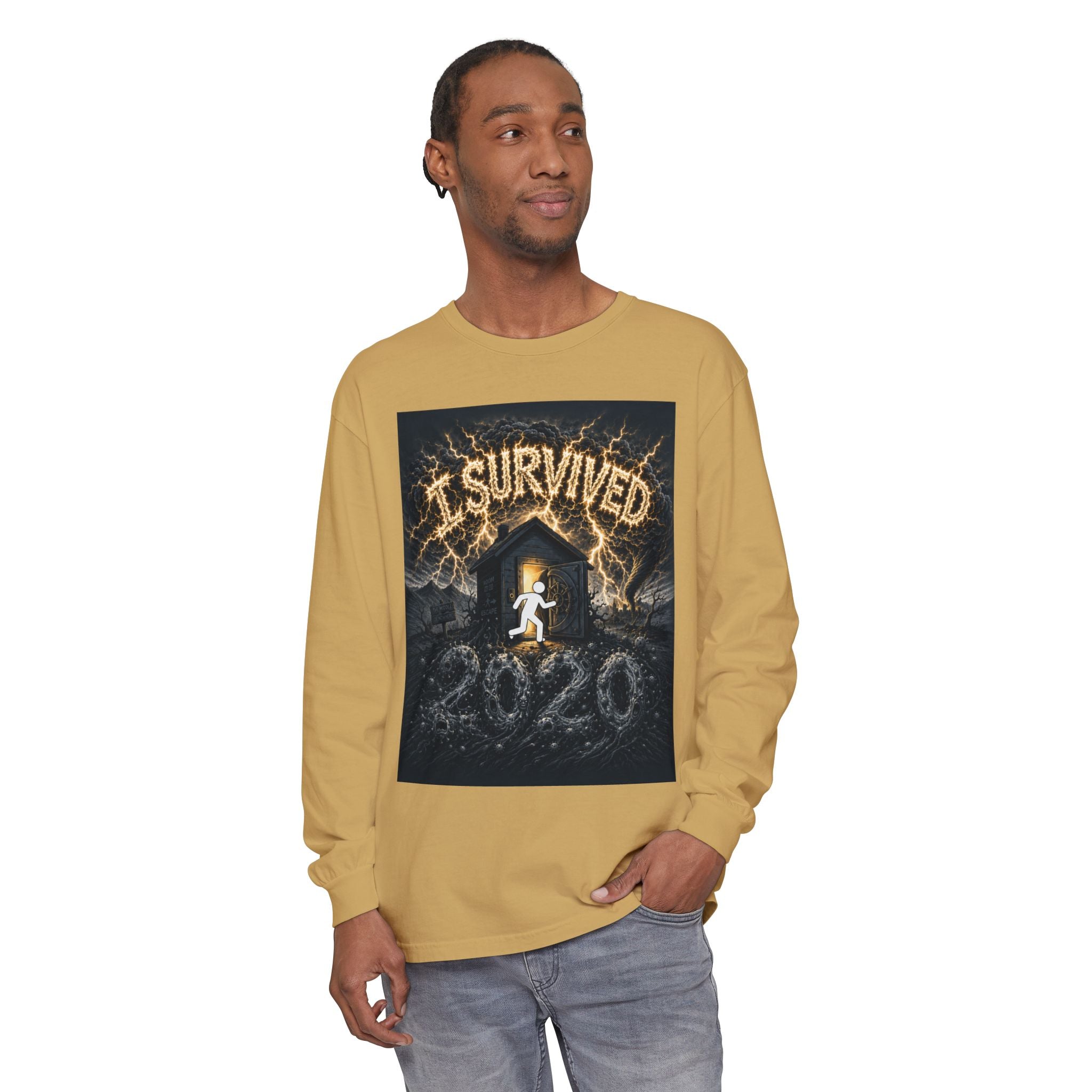 I Survived 2020 — Original Design Teaser Tee | Season 1 Premiere Drop Unisex Garment-dyed Long Sleeve T-Shirt