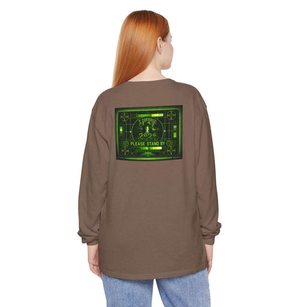 I Survived 2020 — "Please Stand By" Test Pattern Toxic Signal Tee Summer Premiere Unisex Garment-Dyed Long Sleeve T-Shirt