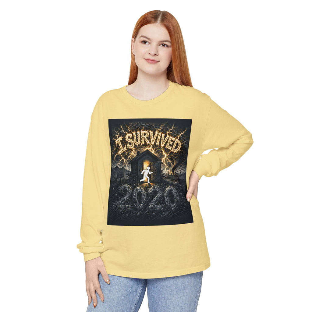 I Survived 2020 — Original Design Teaser Tee | Season 1 Premiere Drop Unisex Garment-dyed Long Sleeve T-Shirt