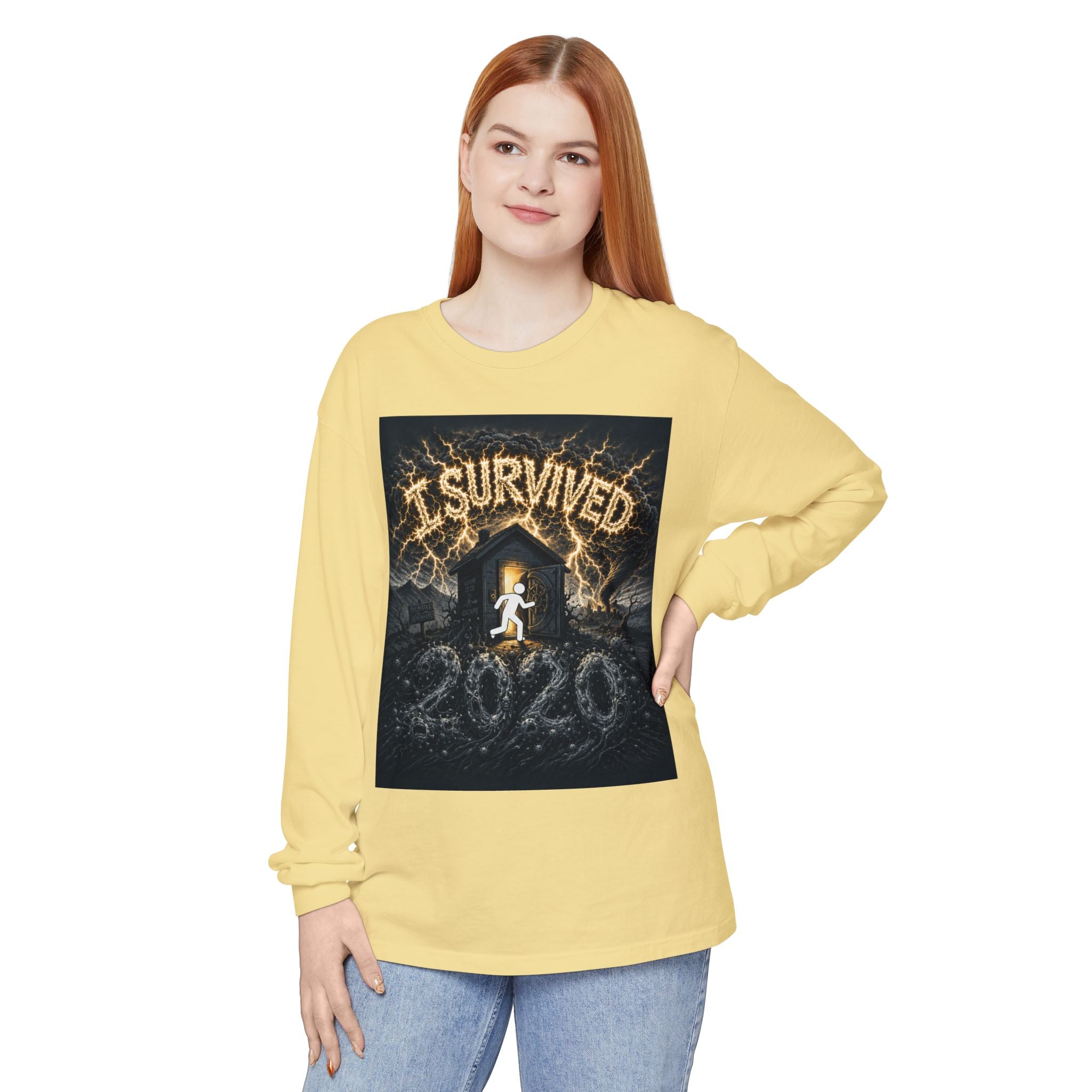 I Survived 2020 — Original Design Teaser Tee | Season 1 Premiere Drop Unisex Garment-dyed Long Sleeve T-Shirt