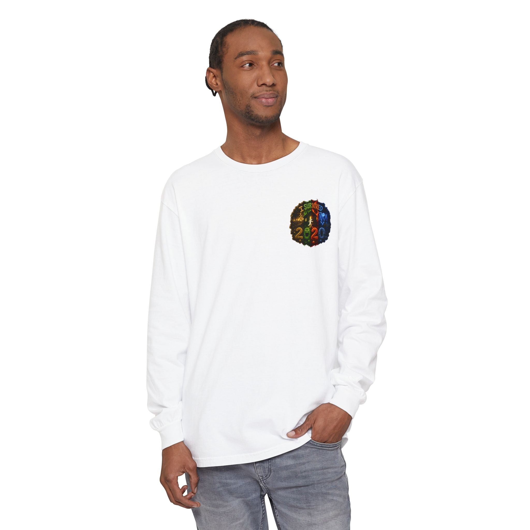 I Survived 2020 — "No Signal" Test Pattern Tee Alien Broadcast Finale Summer Premiere Garment-Dyed Long Sleeve T-Shirt