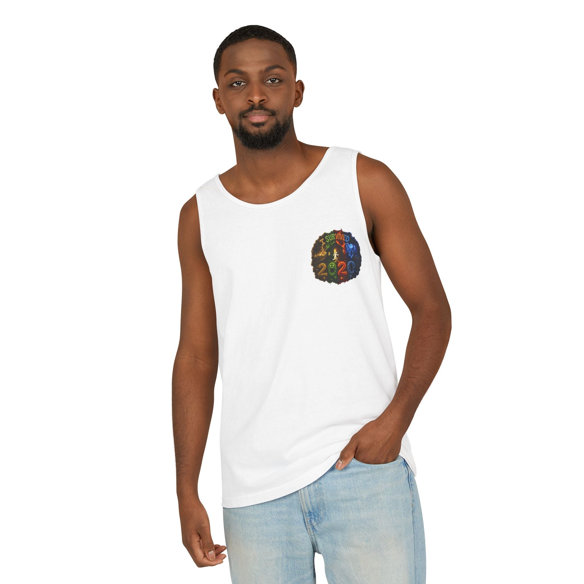 I Survived 2020 — "No Signal" Test Pattern Tee Alien Broadcast Finale Summer Premiere Unisex Garment-Dyed Tank Top