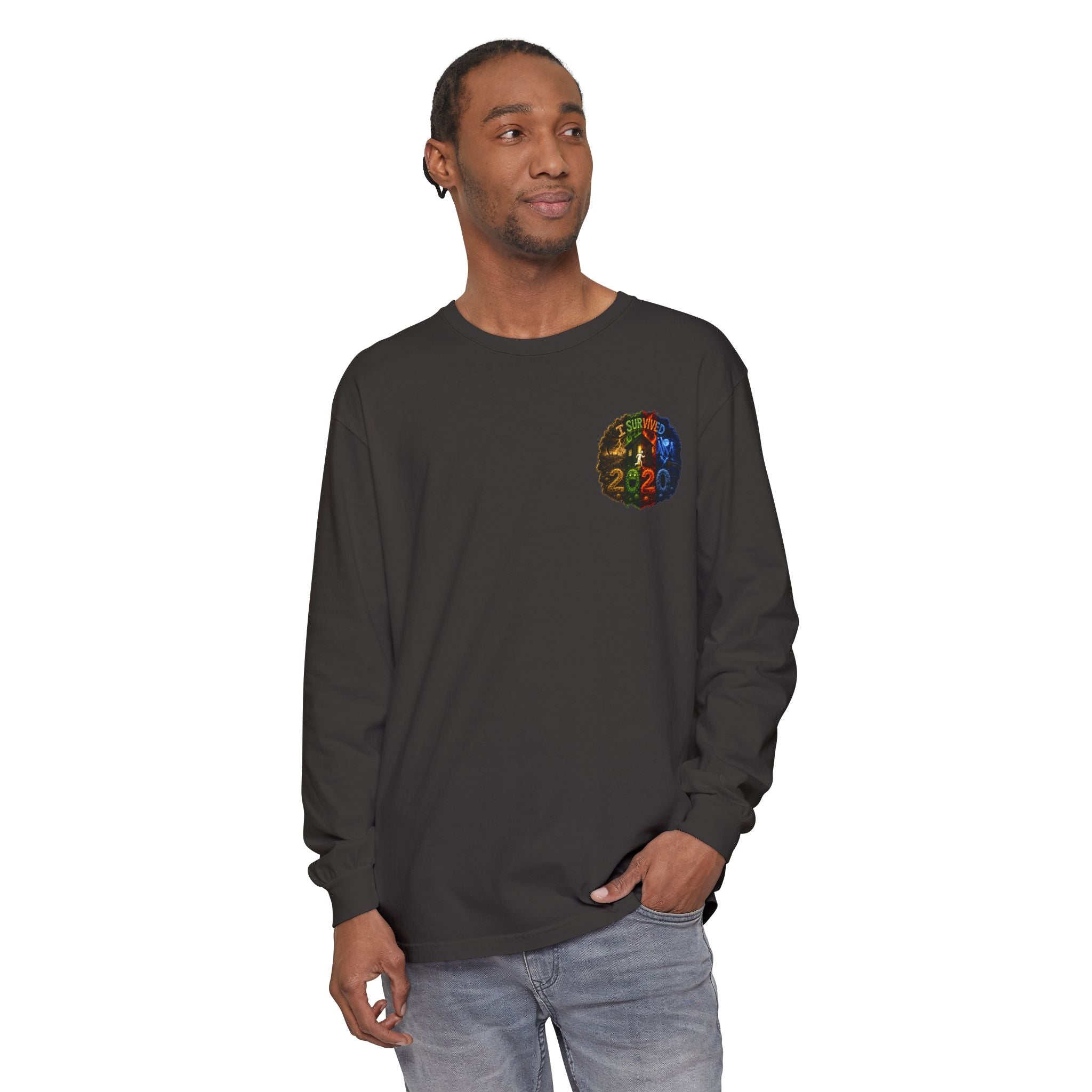 I Survived 2020 — "No Signal" Test Pattern Tee Alien Broadcast Finale Summer Premiere Garment-Dyed Long Sleeve T-Shirt