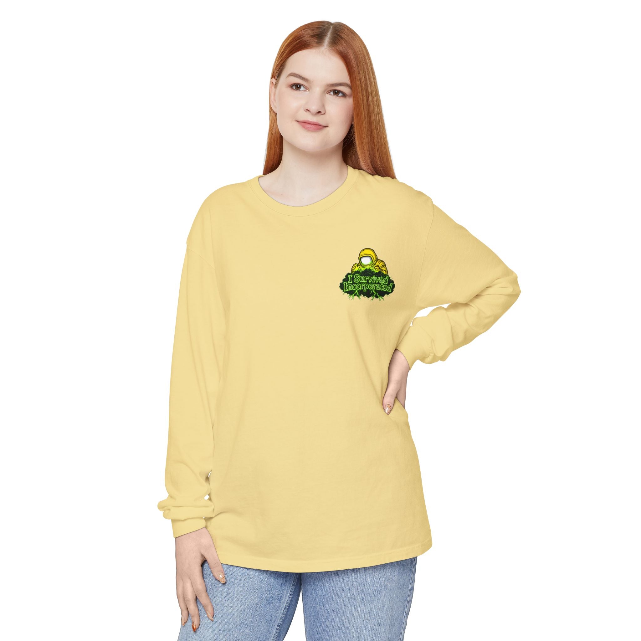 I Survived 2020 — "Please Stand By" Test Pattern Toxic Signal Tee Summer Premiere Unisex Garment-Dyed Long Sleeve T-Shirt