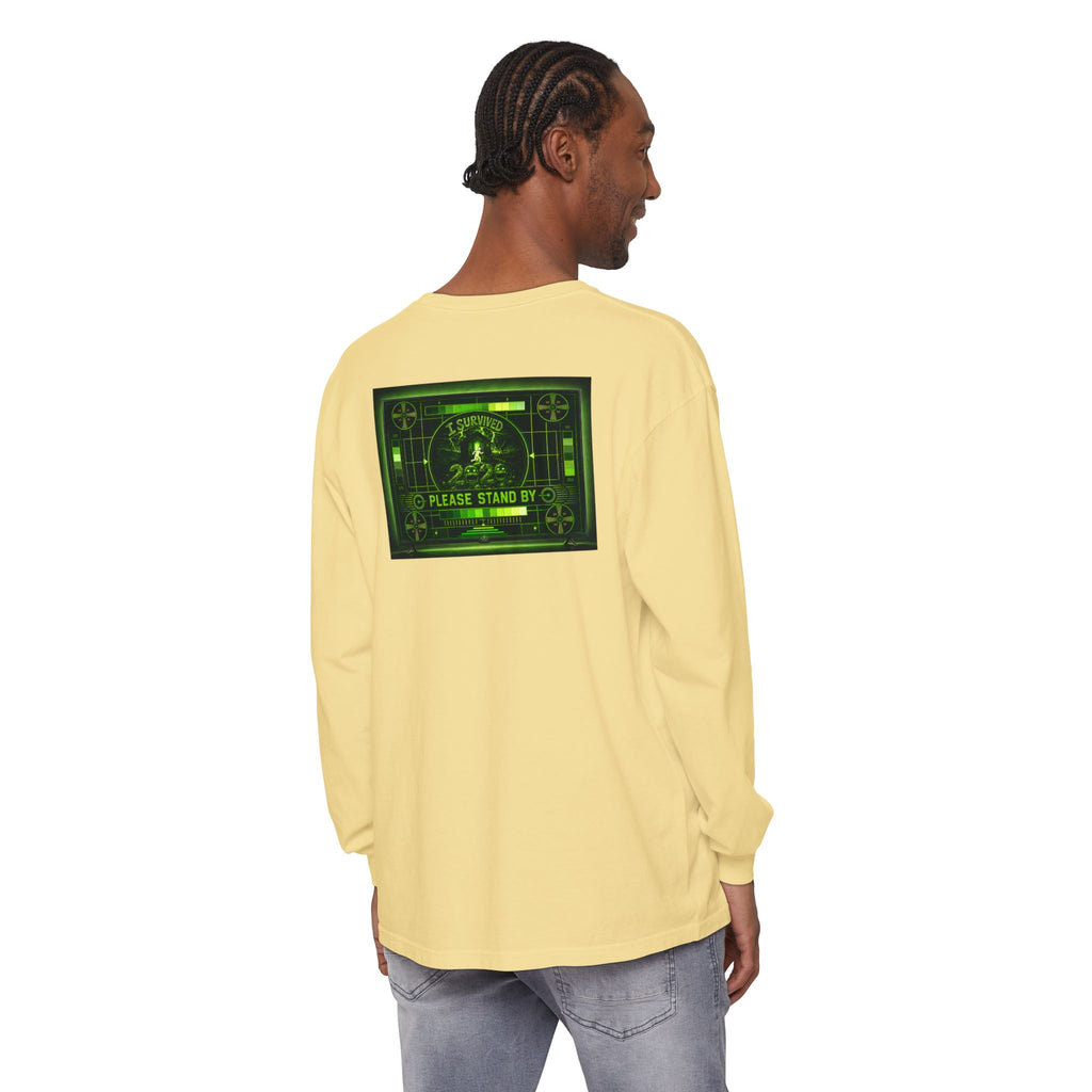 I Survived 2020 — "Please Stand By" Test Pattern Toxic Signal Tee Summer Premiere Unisex Garment-Dyed Long Sleeve T-Shirt
