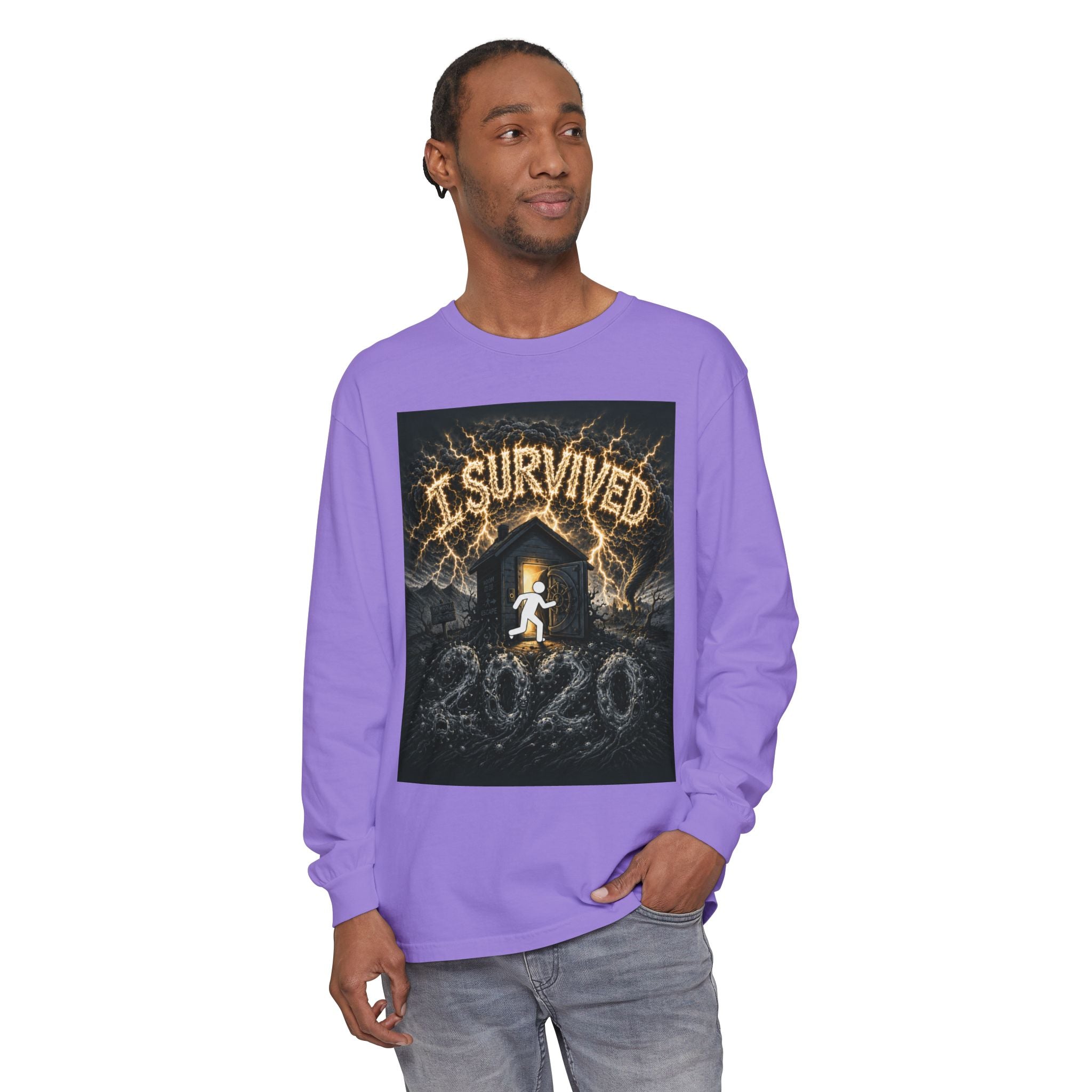 I Survived 2020 — Original Design Teaser Tee | Season 1 Premiere Drop Unisex Garment-dyed Long Sleeve T-Shirt