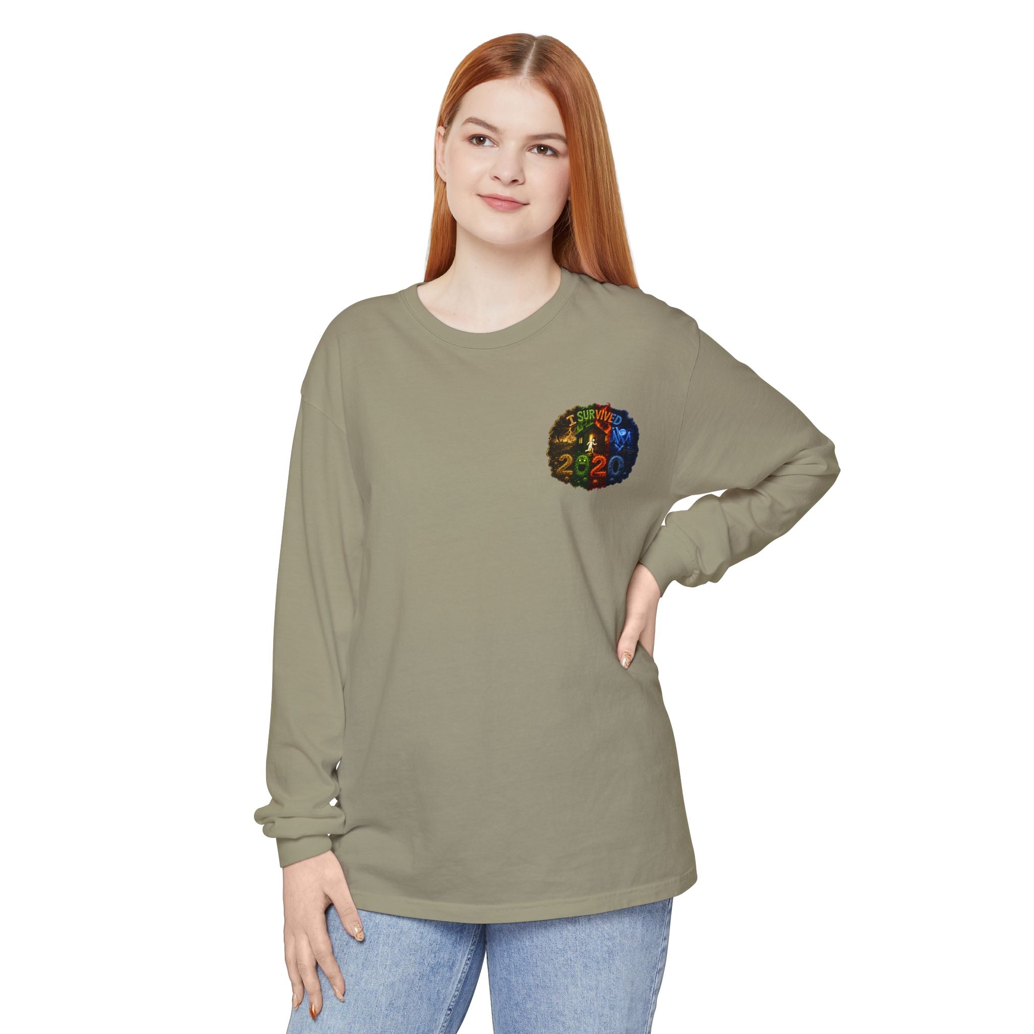 I Survived 2020 — "No Signal" Test Pattern Tee Alien Broadcast Finale Summer Premiere Garment-Dyed Long Sleeve T-Shirt