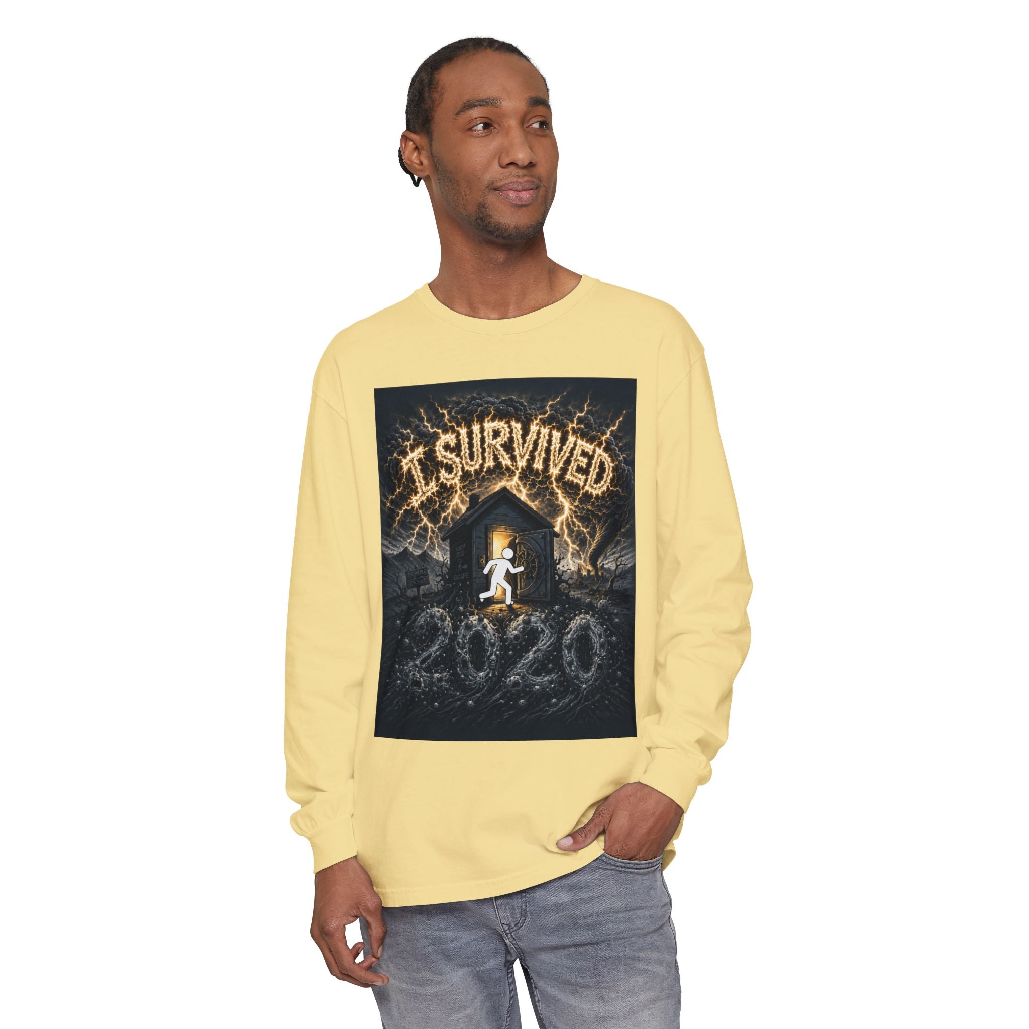 I Survived 2020 — Original Design Teaser Tee | Season 1 Premiere Drop Unisex Garment-dyed Long Sleeve T-Shirt