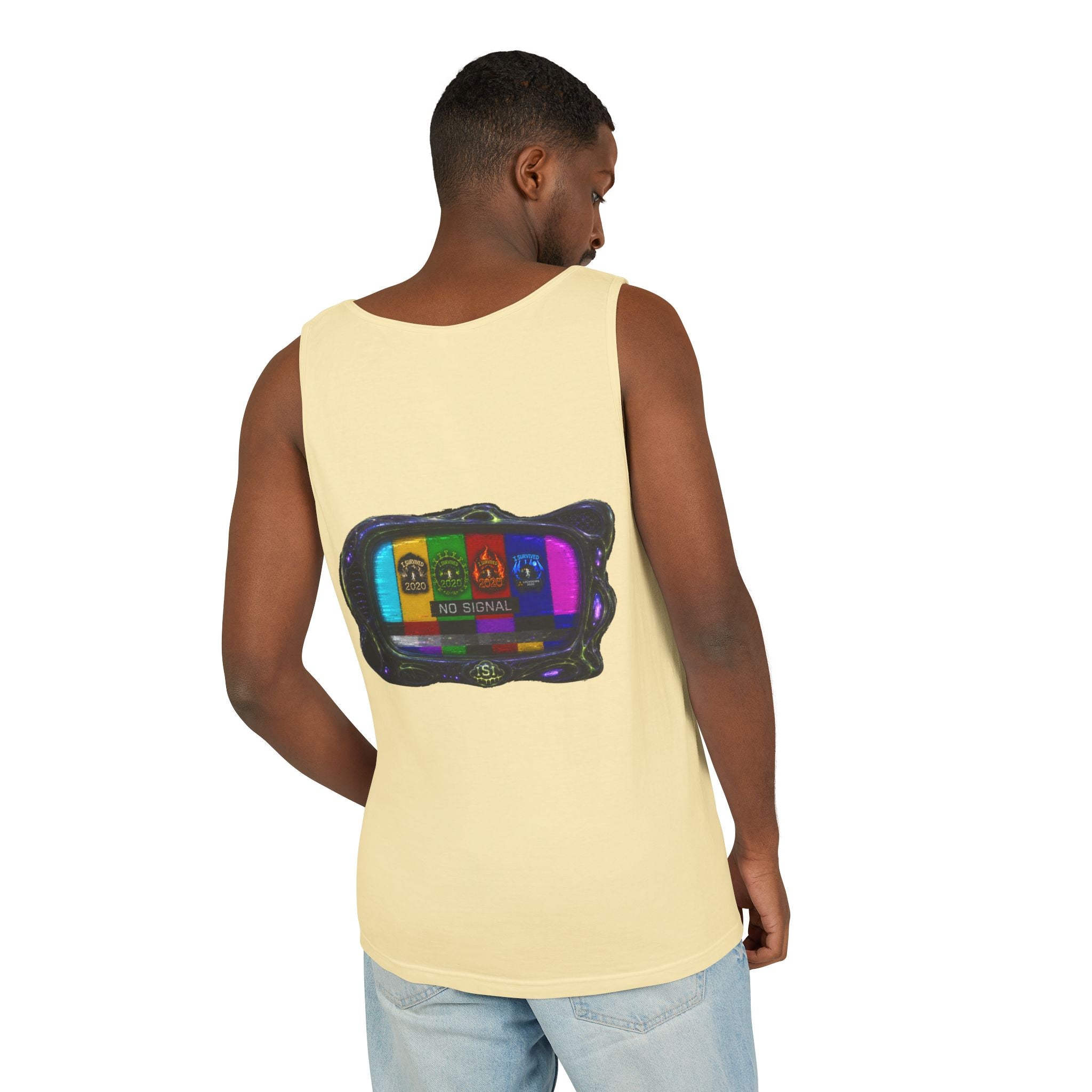 I Survived 2020 — "No Signal" Test Pattern Tee Alien Broadcast Finale Summer Premiere Unisex Garment-Dyed Tank Top