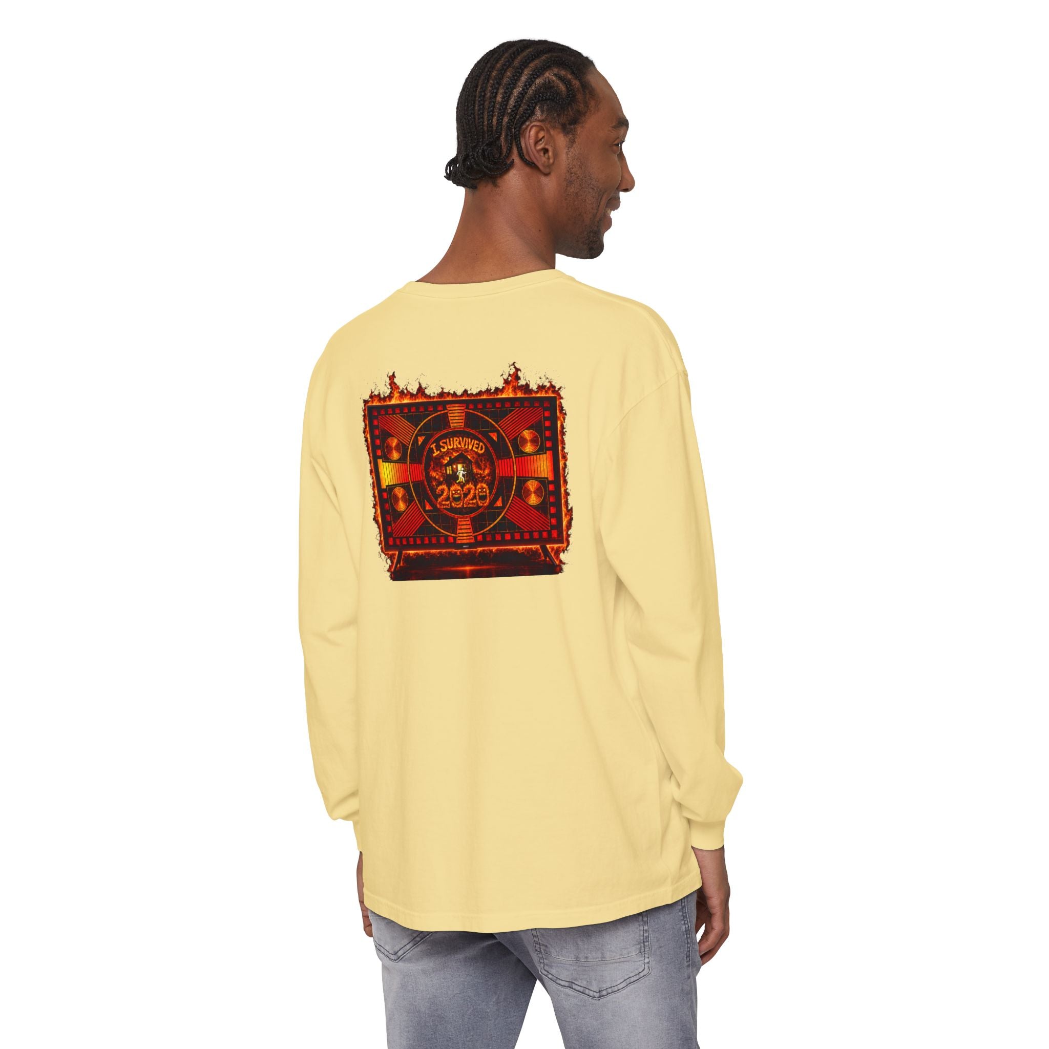I Survived 2020 — "Please Stand By" Test Pattern Tee Wildfire Signal Edition Summer Premiere Unisex Garment-Dyed Long Sleeve T-Shirt