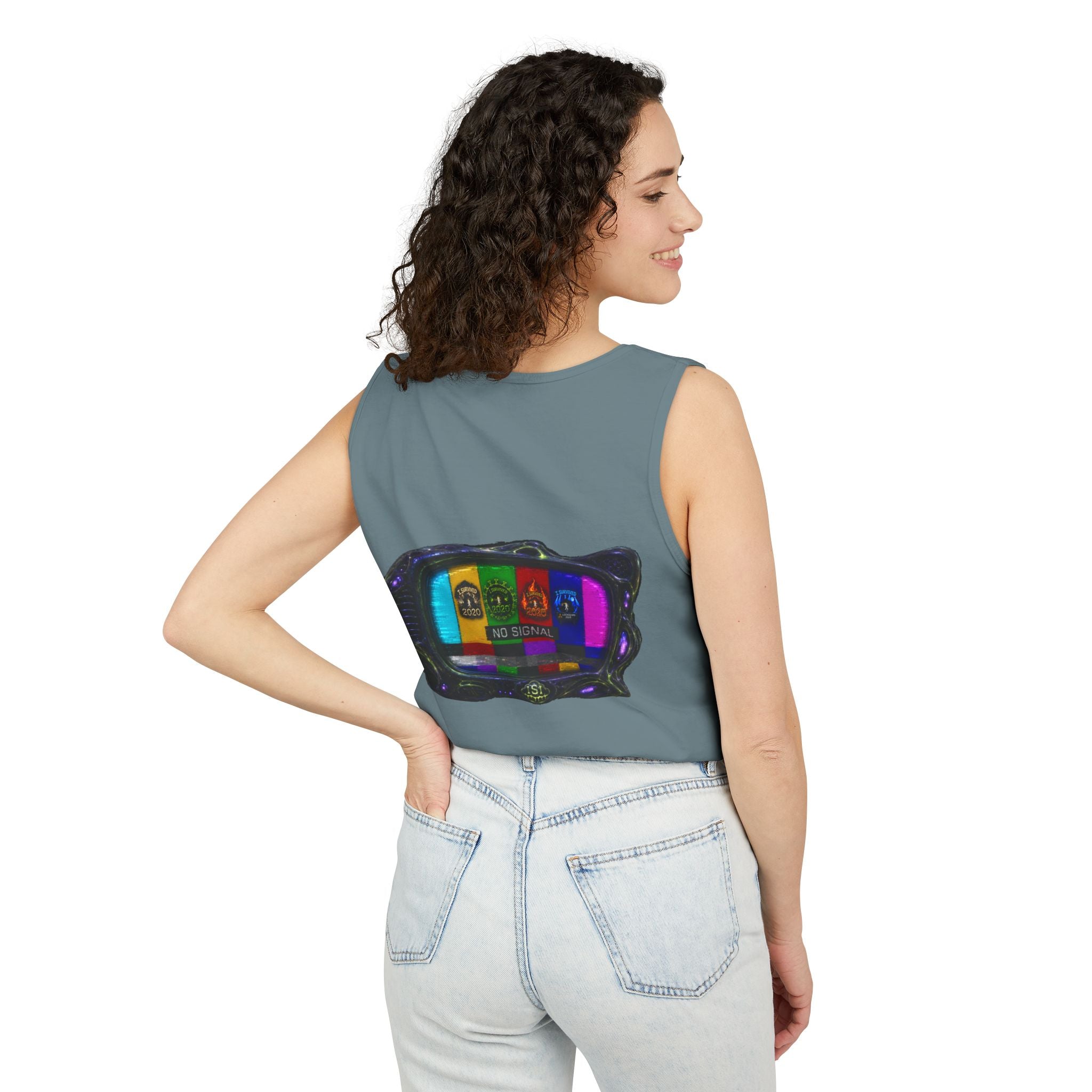 I Survived 2020 — "No Signal" Test Pattern Tee Alien Broadcast Finale Summer Premiere Unisex Garment-Dyed Tank Top