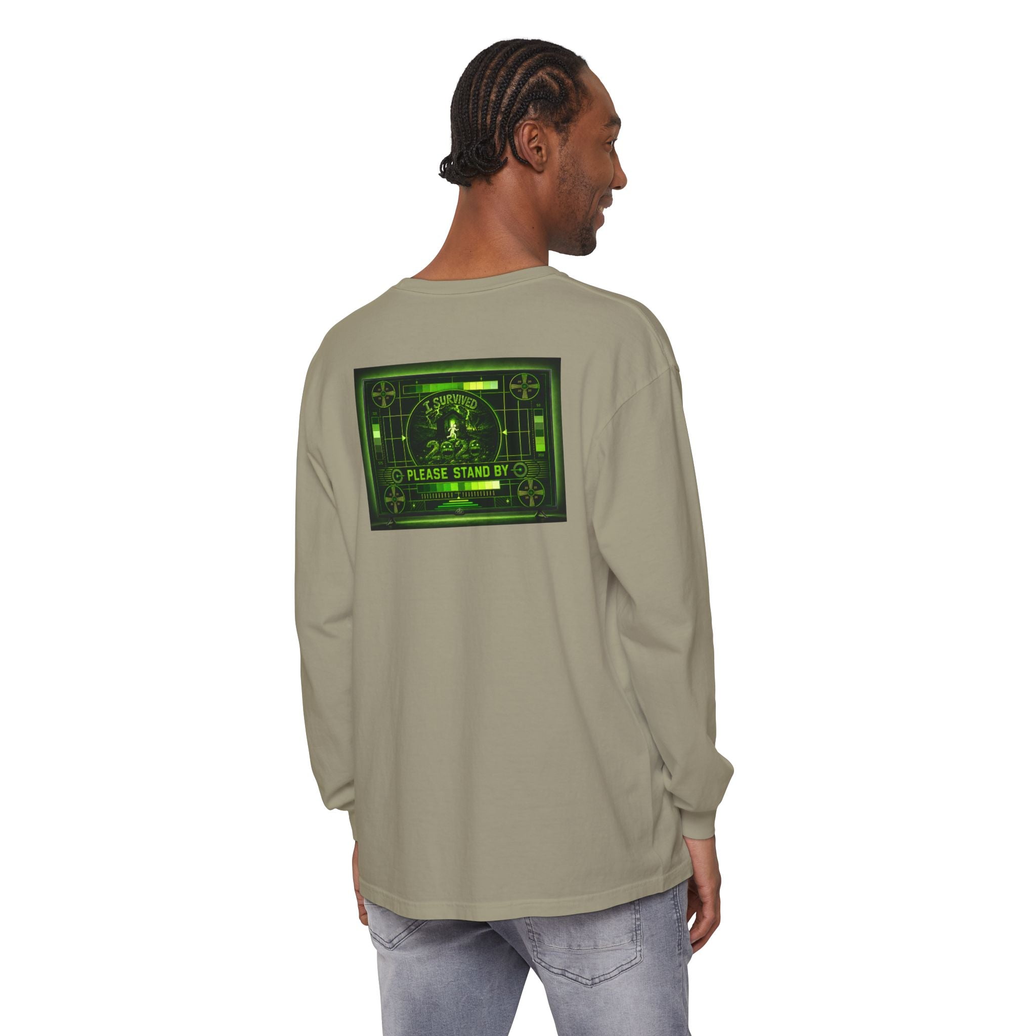 I Survived 2020 — "Please Stand By" Test Pattern Toxic Signal Tee Summer Premiere Unisex Garment-Dyed Long Sleeve T-Shirt