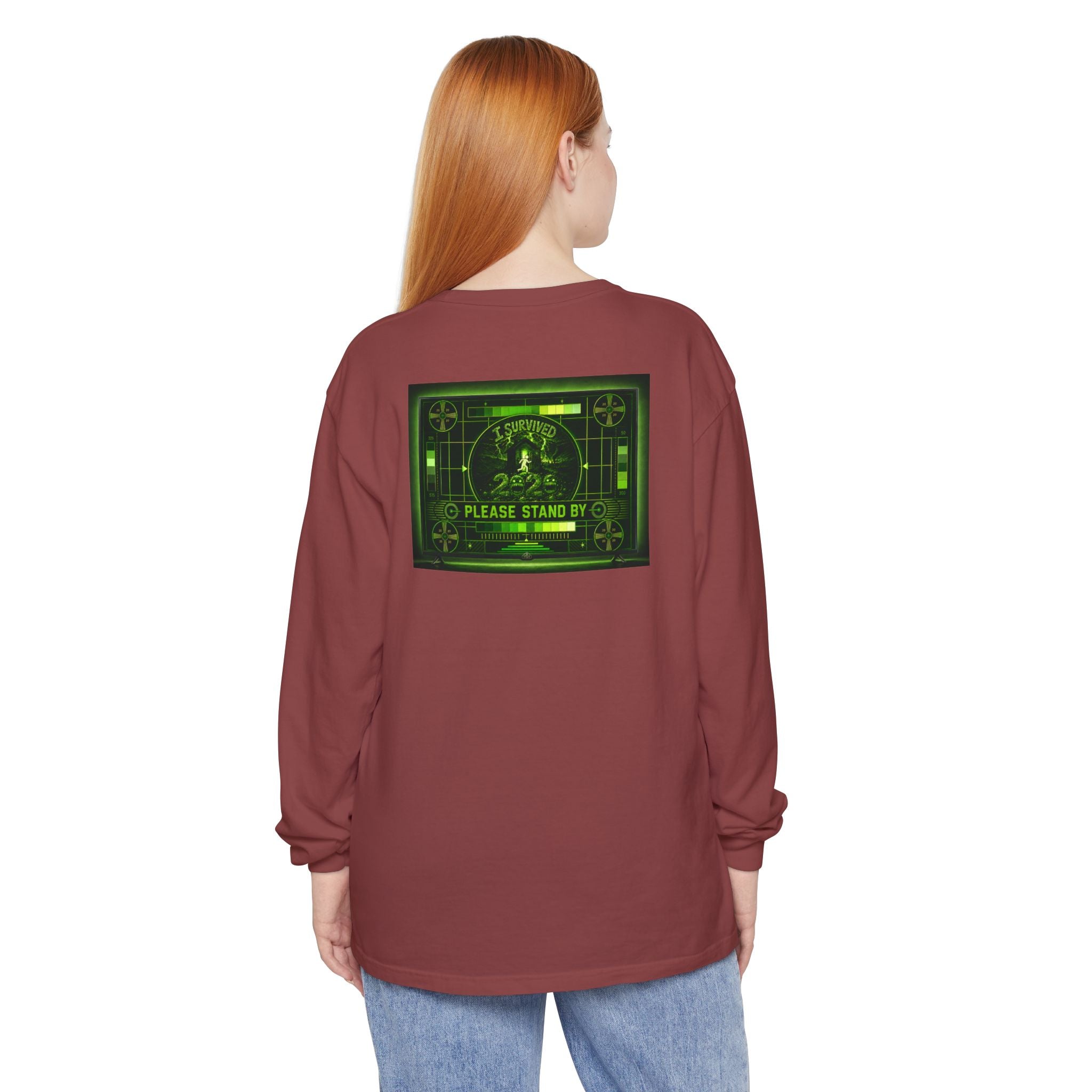 I Survived 2020 — "Please Stand By" Test Pattern Toxic Signal Tee Summer Premiere Unisex Garment-Dyed Long Sleeve T-Shirt