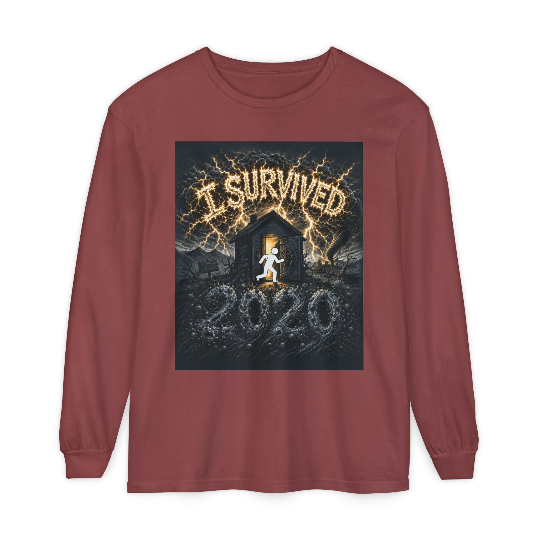I Survived 2020 — Original Design Teaser Tee | Season 1 Premiere Drop Unisex Garment-dyed Long Sleeve T-Shirt