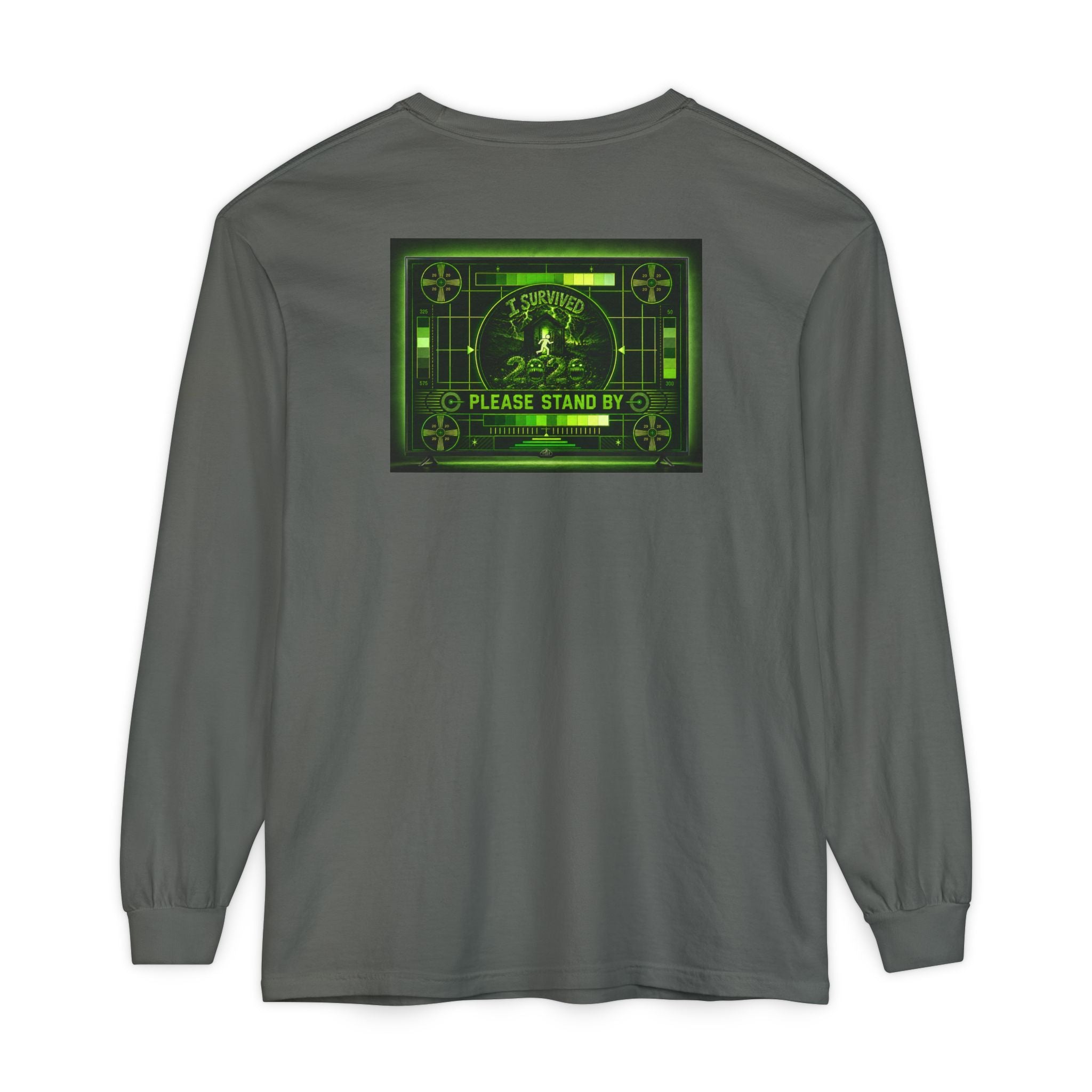 I Survived 2020 — "Please Stand By" Test Pattern Toxic Signal Tee Summer Premiere Unisex Garment-Dyed Long Sleeve T-Shirt