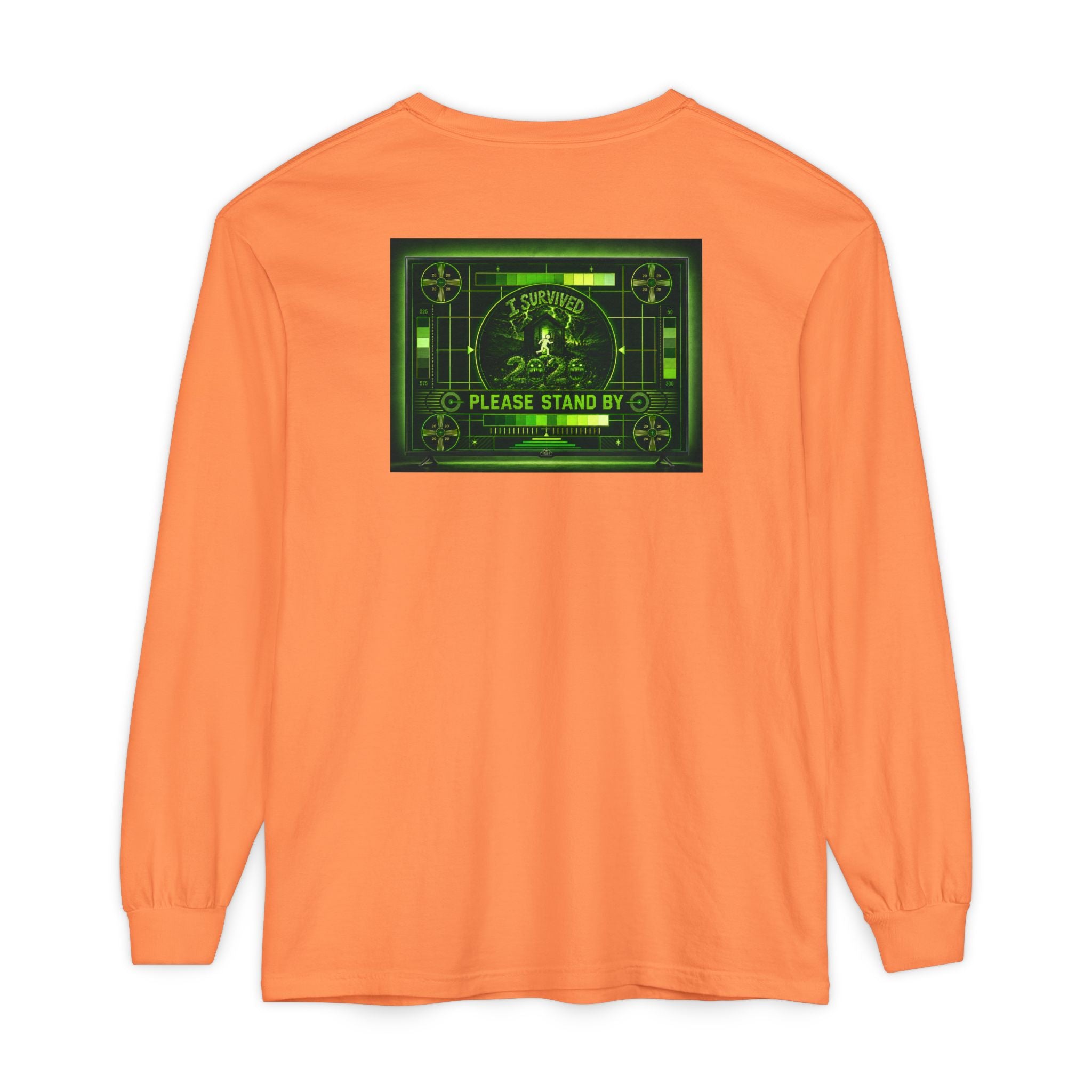 I Survived 2020 — "Please Stand By" Test Pattern Toxic Signal Tee Summer Premiere Unisex Garment-Dyed Long Sleeve T-Shirt