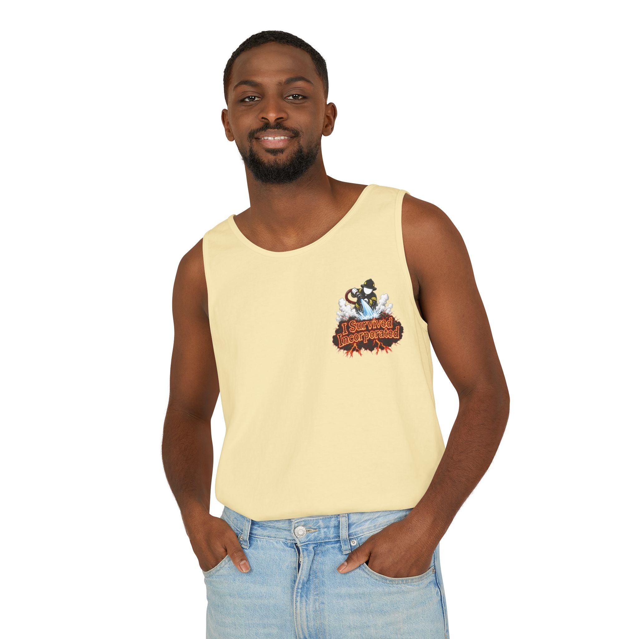 I Survived 2020 — "Please Stand By" Test Pattern Tee Wildfire Signal Edition Summer Premiere Unisex Garment-Dyed Tank Top