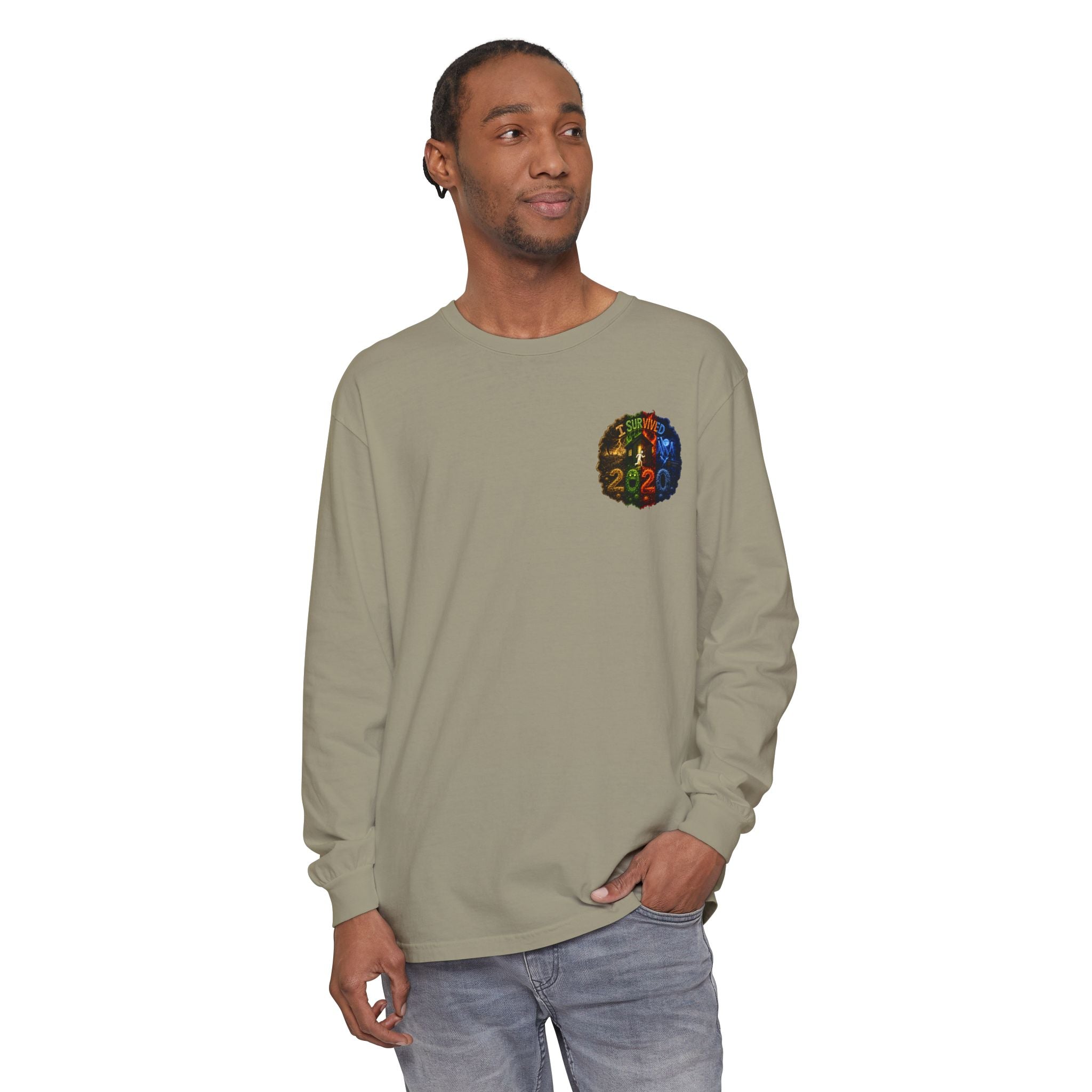 I Survived 2020 — "No Signal" Test Pattern Tee Alien Broadcast Finale Summer Premiere Garment-Dyed Long Sleeve T-Shirt