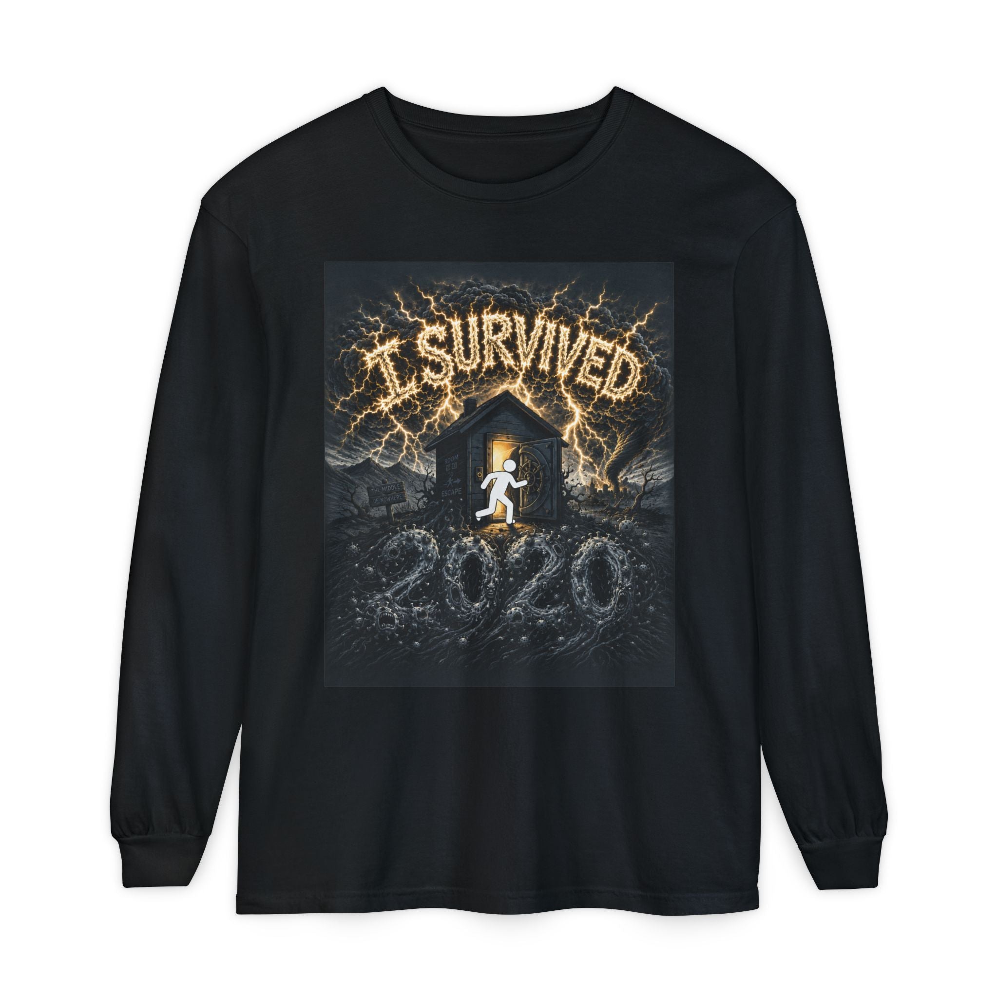 I Survived 2020 — Original Design Teaser Tee | Season 1 Premiere Drop Unisex Garment-dyed Long Sleeve T-Shirt