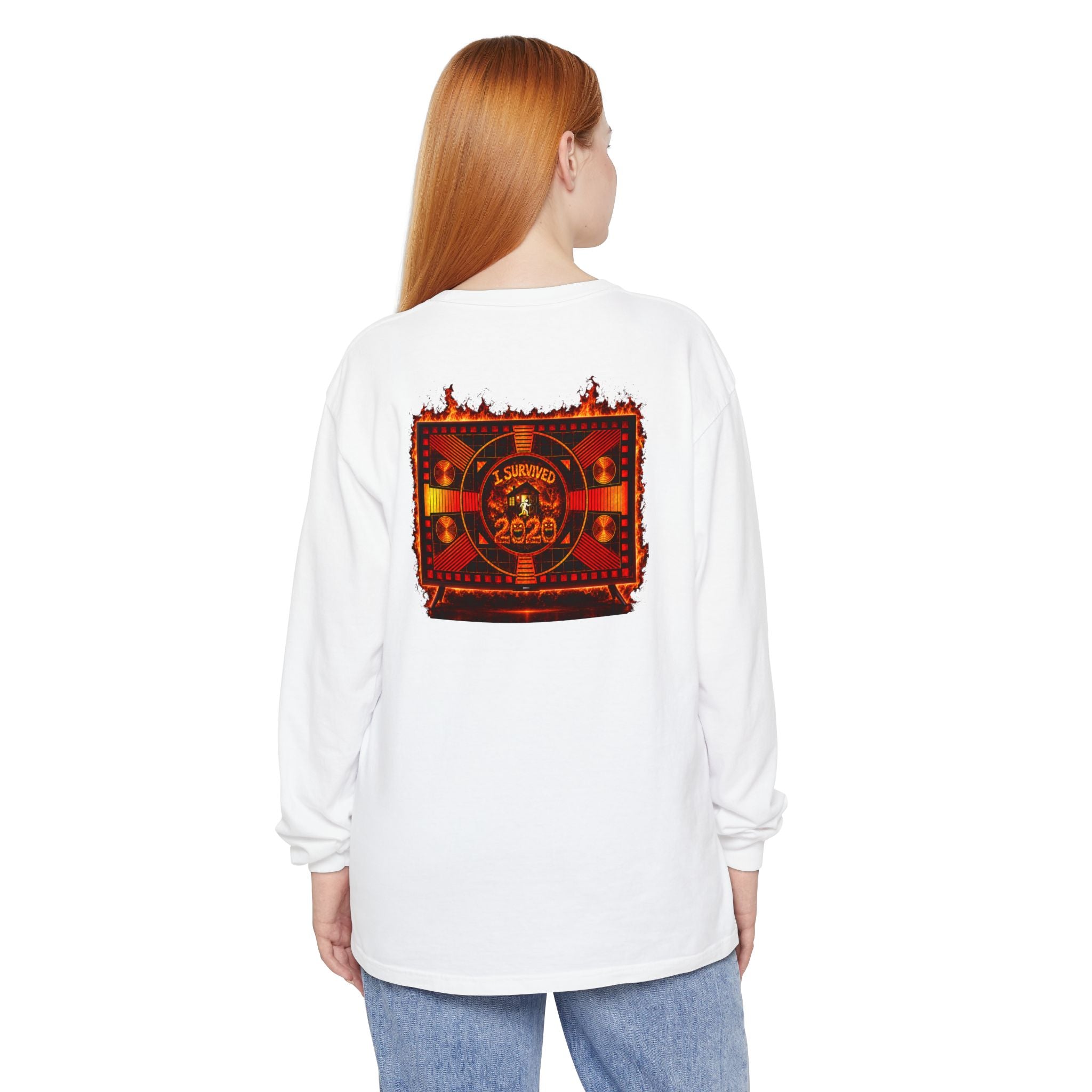 I Survived 2020 — "Please Stand By" Test Pattern Tee Wildfire Signal Edition Summer Premiere Unisex Garment-Dyed Long Sleeve T-Shirt