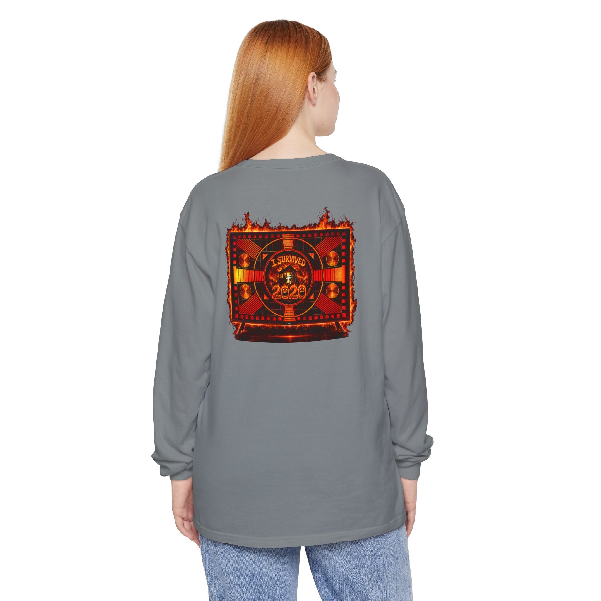 I Survived 2020 — "Please Stand By" Test Pattern Tee Wildfire Signal Edition Summer Premiere Unisex Garment-Dyed Long Sleeve T-Shirt