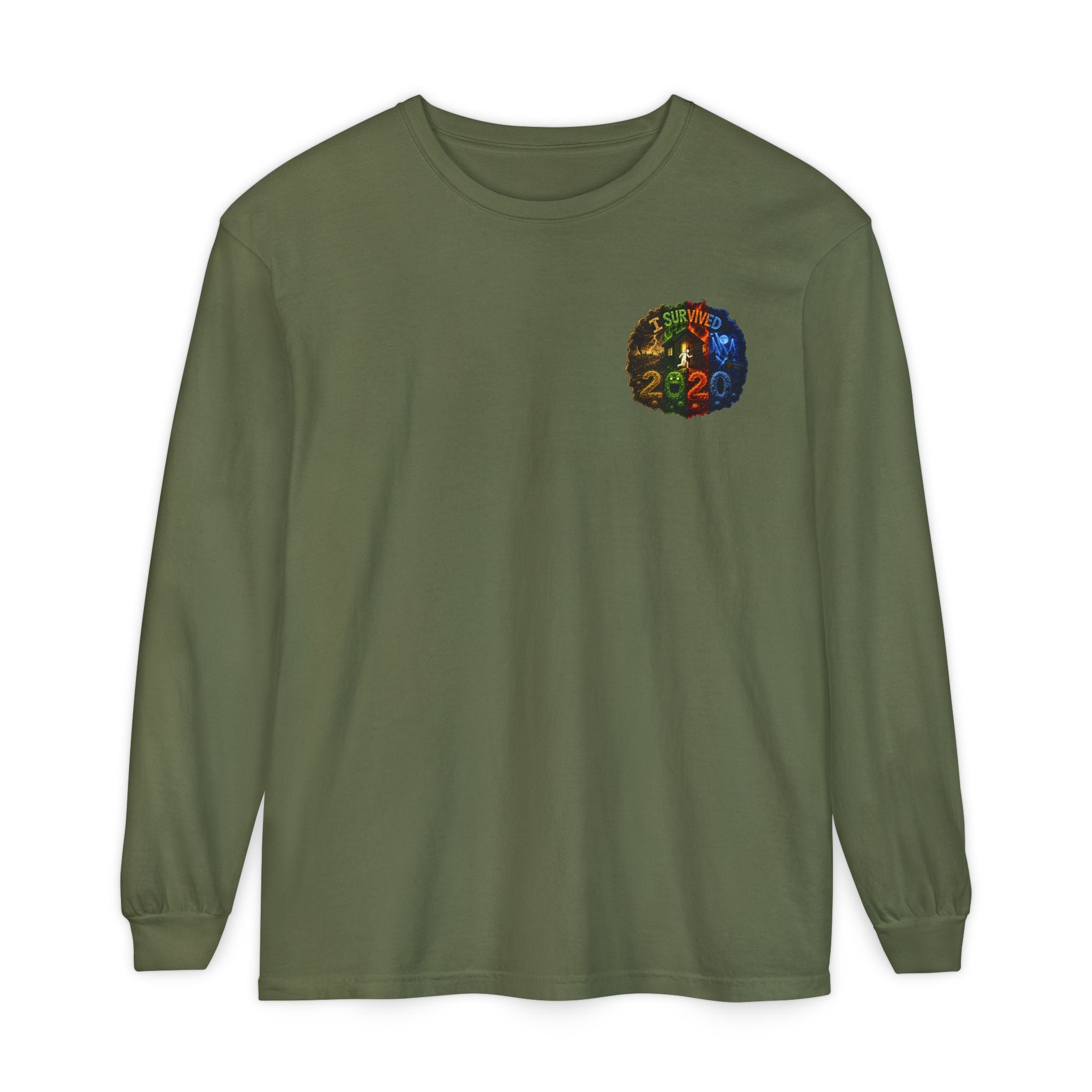 I Survived 2020 — "No Signal" Test Pattern Tee Alien Broadcast Finale Summer Premiere Garment-Dyed Long Sleeve T-Shirt