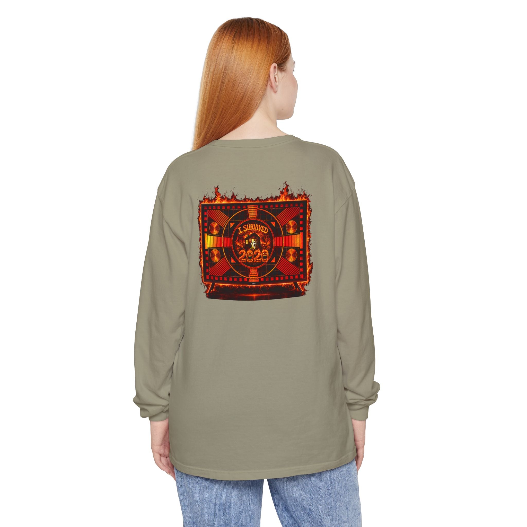 I Survived 2020 — "Please Stand By" Test Pattern Tee Wildfire Signal Edition Summer Premiere Unisex Garment-Dyed Long Sleeve T-Shirt