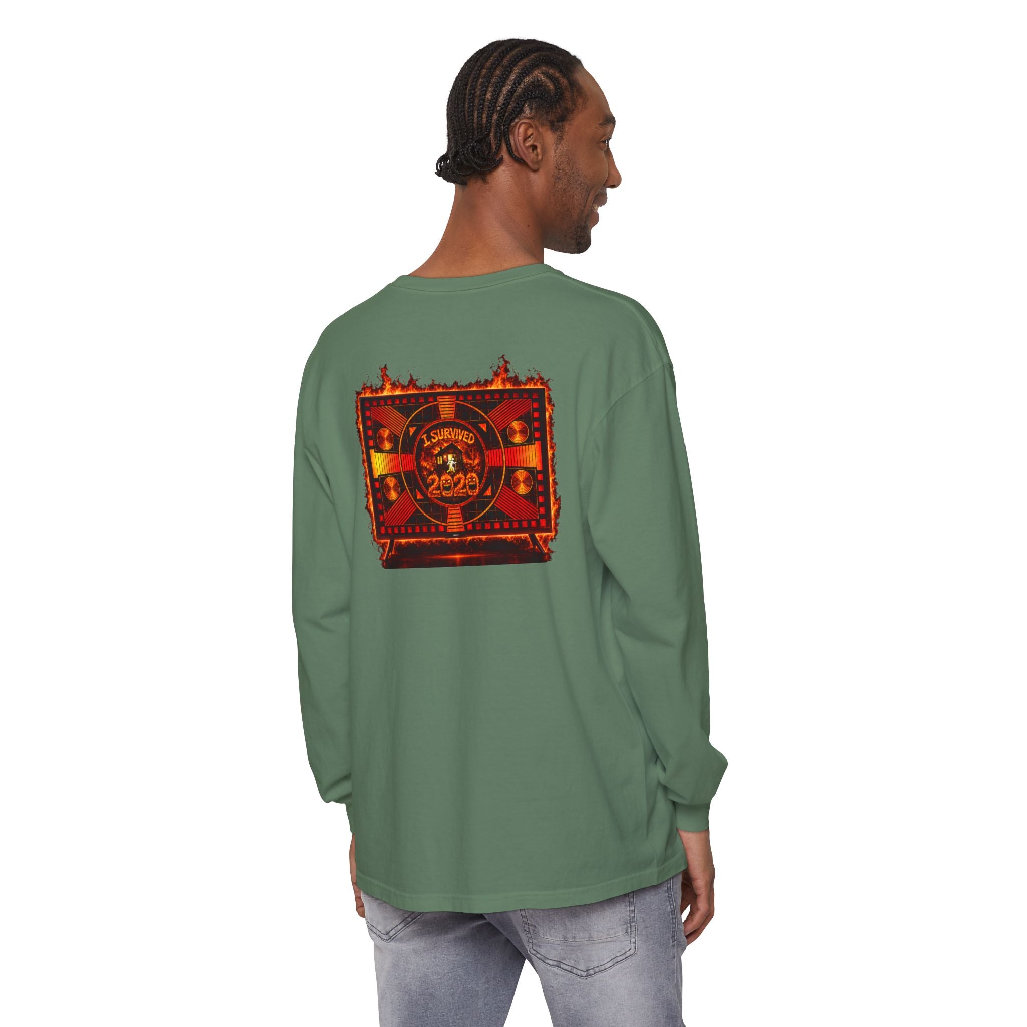 I Survived 2020 — "Please Stand By" Test Pattern Tee Wildfire Signal Edition Summer Premiere Unisex Garment-Dyed Long Sleeve T-Shirt