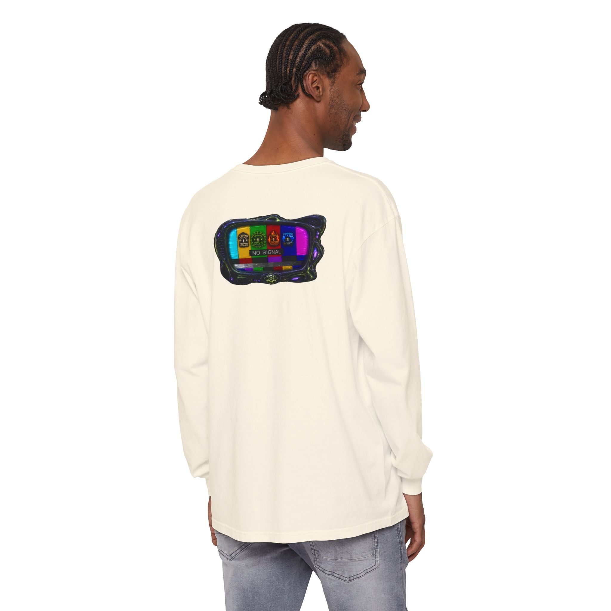 I Survived 2020 — "No Signal" Test Pattern Tee Alien Broadcast Finale Summer Premiere Garment-Dyed Long Sleeve T-Shirt