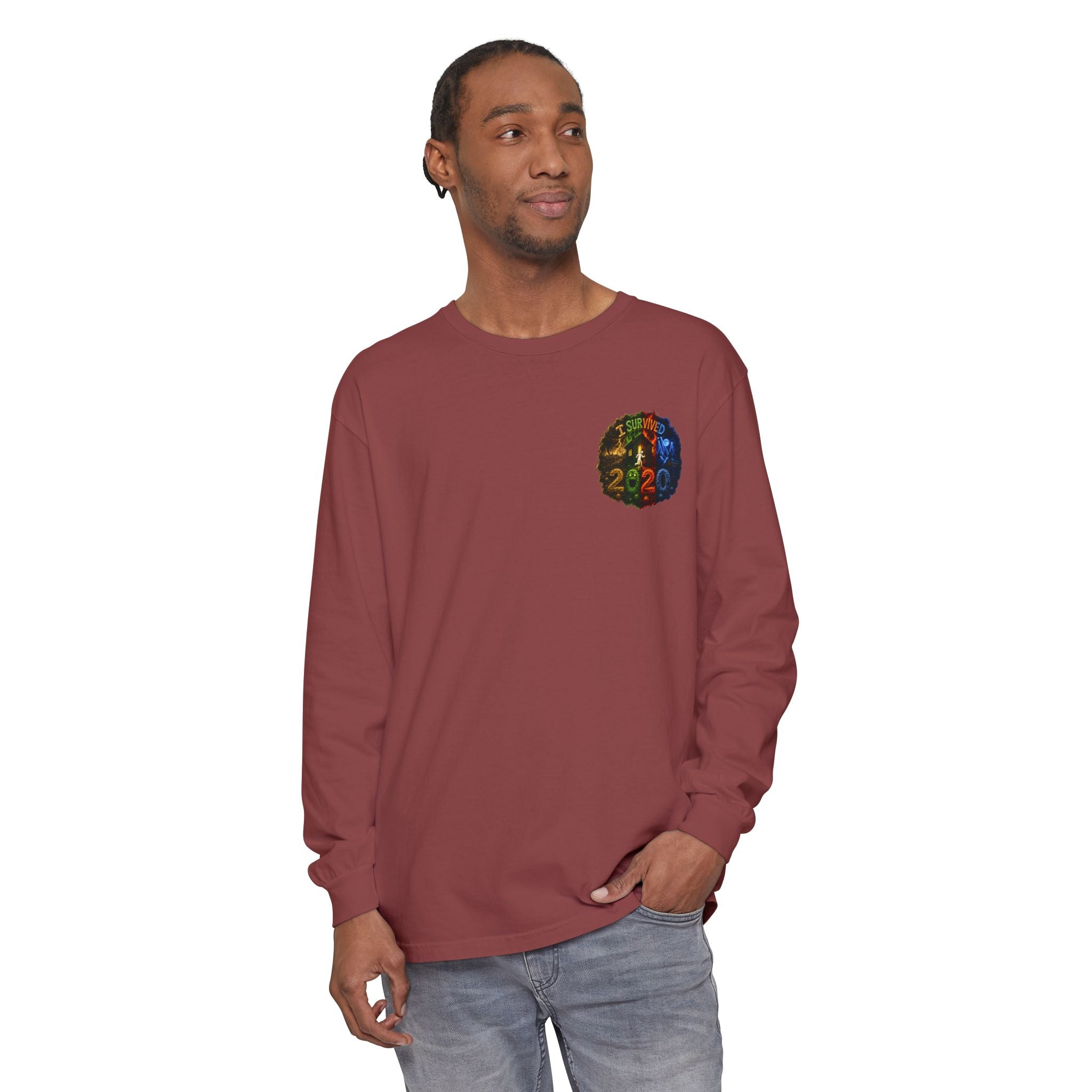 I Survived 2020 — "No Signal" Test Pattern Tee Alien Broadcast Finale Summer Premiere Garment-Dyed Long Sleeve T-Shirt